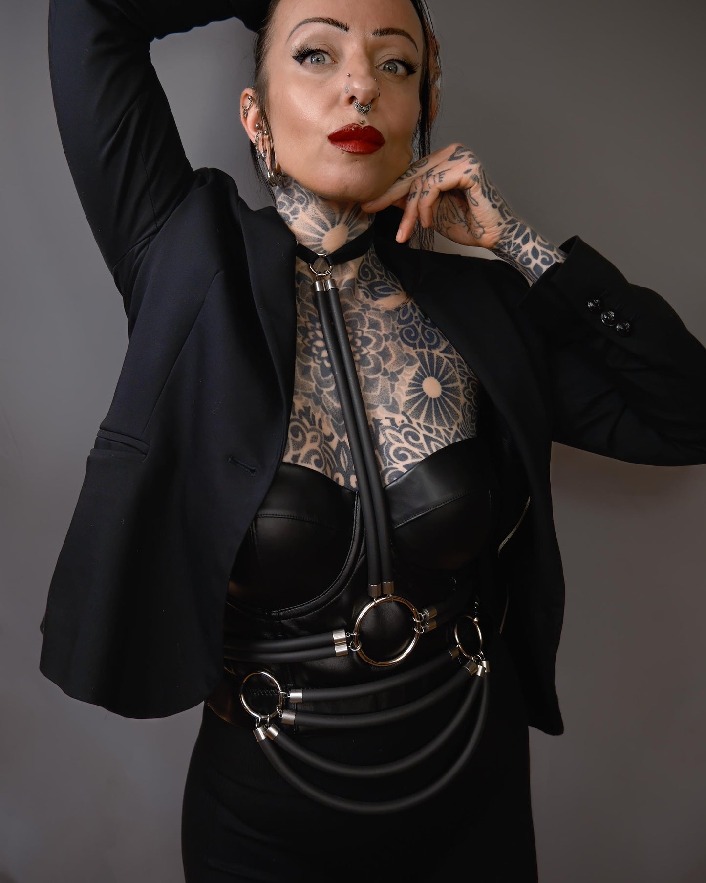 Black Cage Bra Harness and Belt x Neoprene tubing Silver Accents // Fetish // Bondage // Festival // Clubbing.