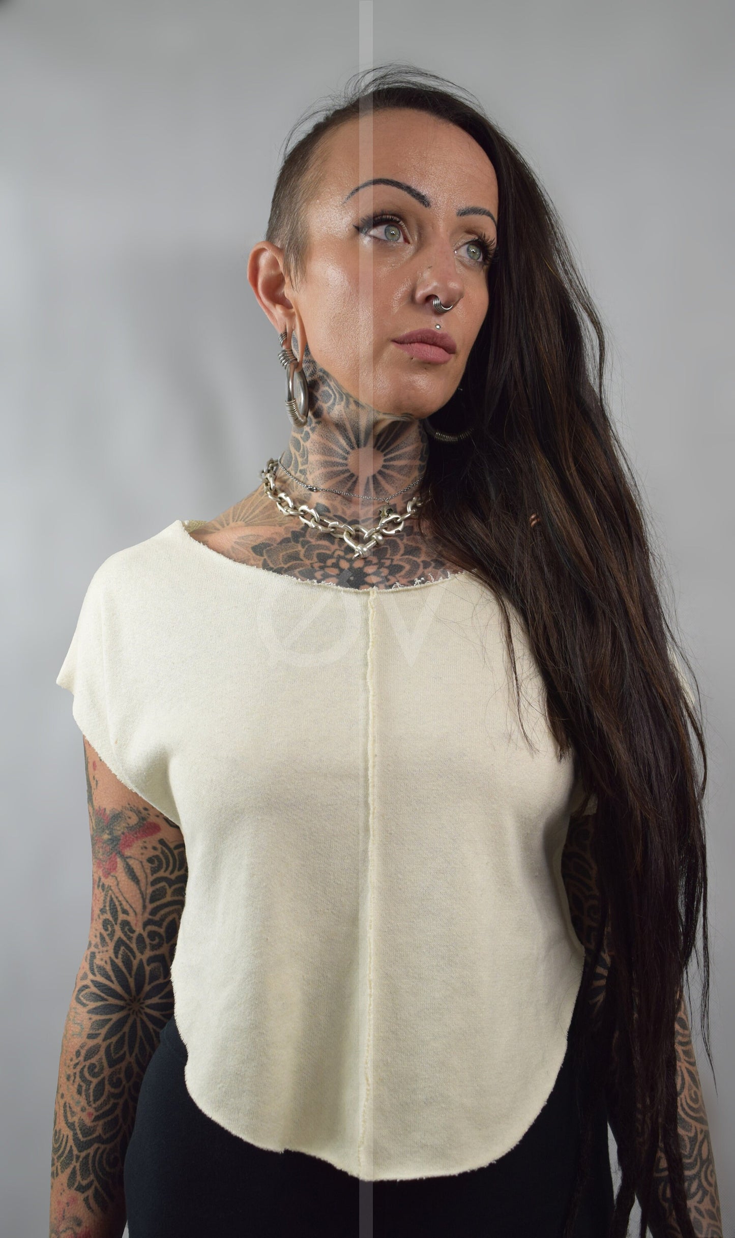Vegan Leather Detailed Backless Cropped Sweater // Cream /White Hemp Jersey Terry // ECO
