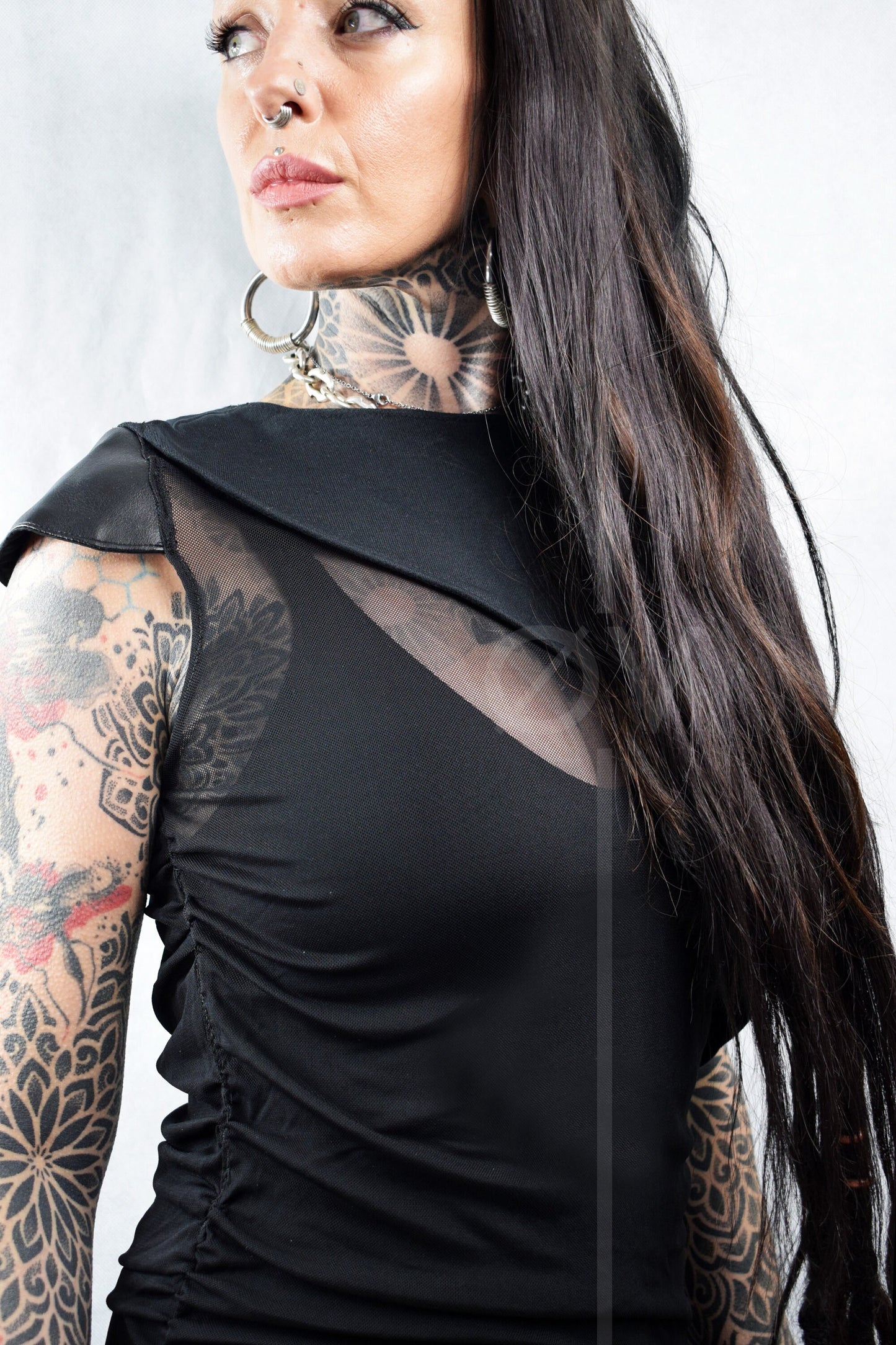 Long Mesh Top // Vegan Leather Cap Sleeves // Hemp top // Ruched Gathered // Goth Minimalist Futuristic //
