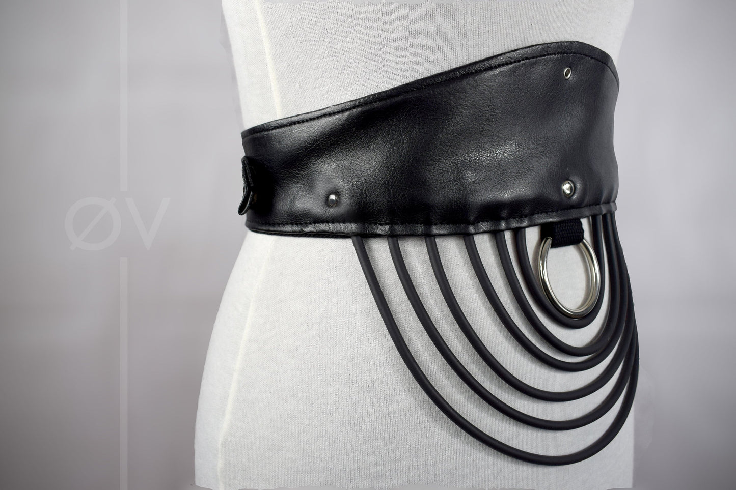 Adjustable Black Vegan Leather Goth Waist Belt with Tubing and Ring detail // Goth/ Industrial/ Fetish.