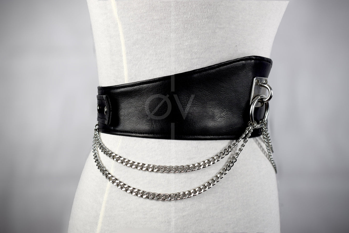 Adjustable Wide Black Vegan Leather Harness Belt with Chain and Ring Detail // Goth/ Fetish/ Industrial.