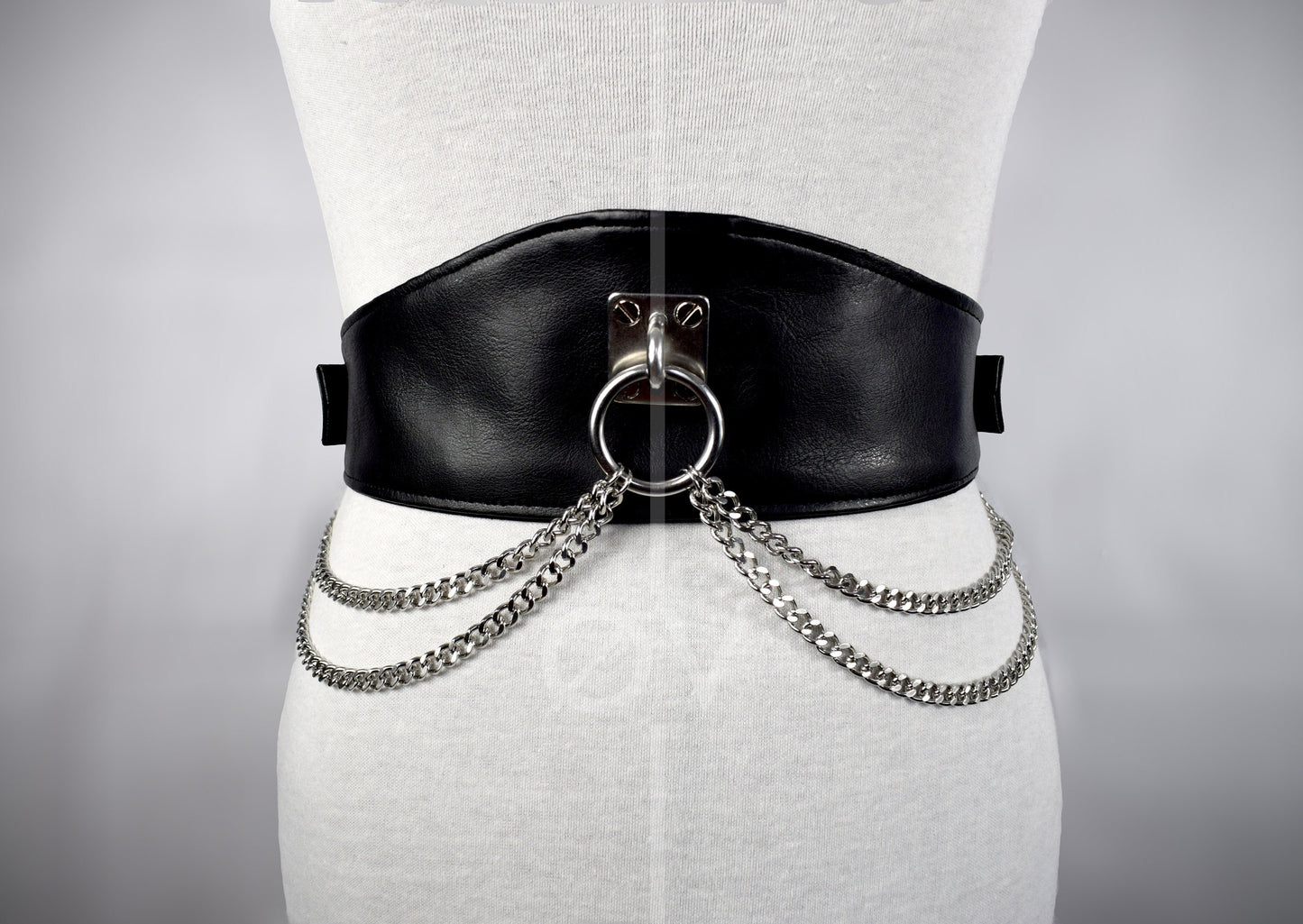Adjustable Wide Black Vegan Leather Harness Belt with Chain and Ring Detail // Goth/ Fetish/ Industrial.