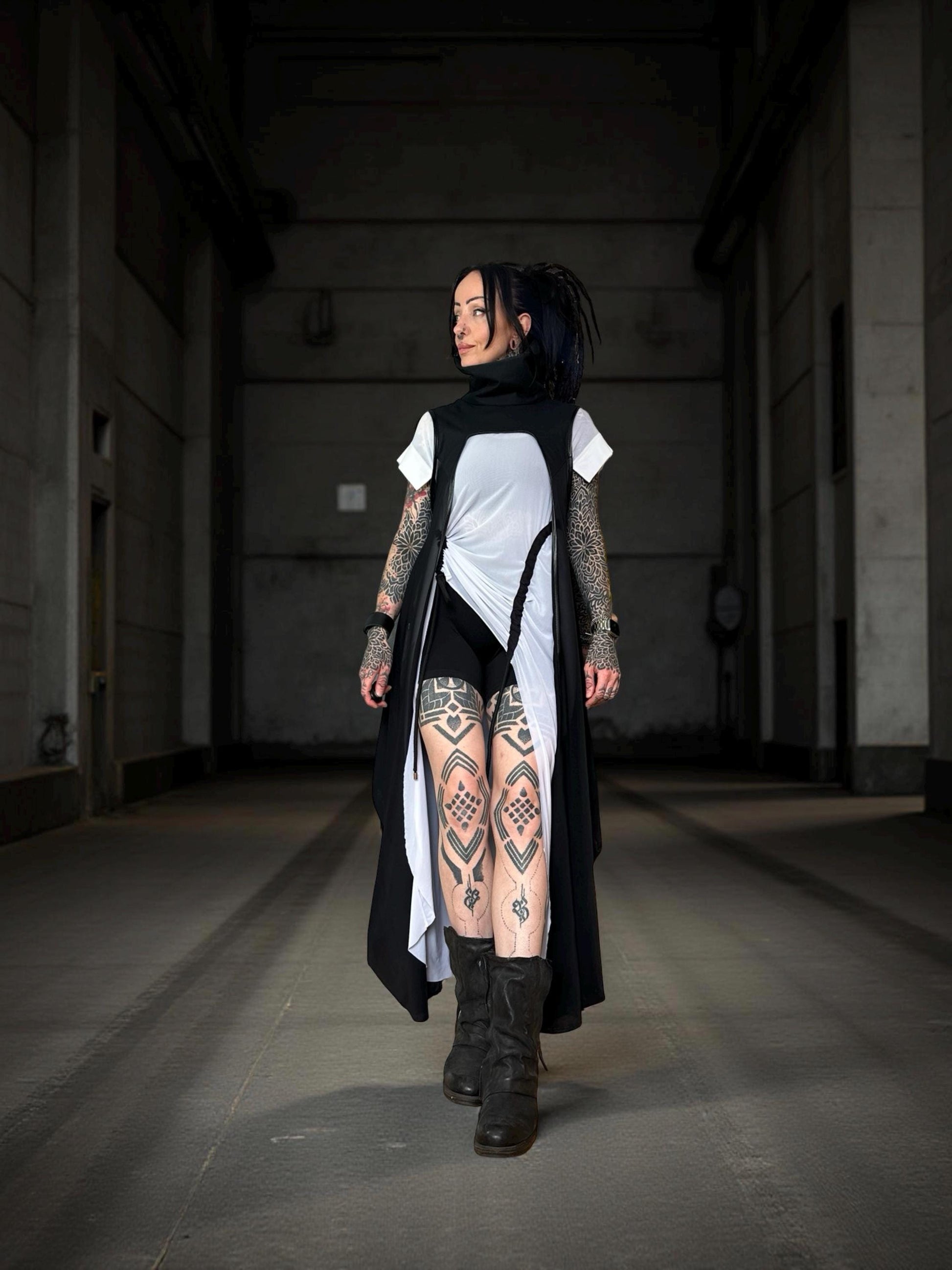 Long Oversize White Mesh Asymmetrical T-Shirt with pull ties. Goth// avant garde//