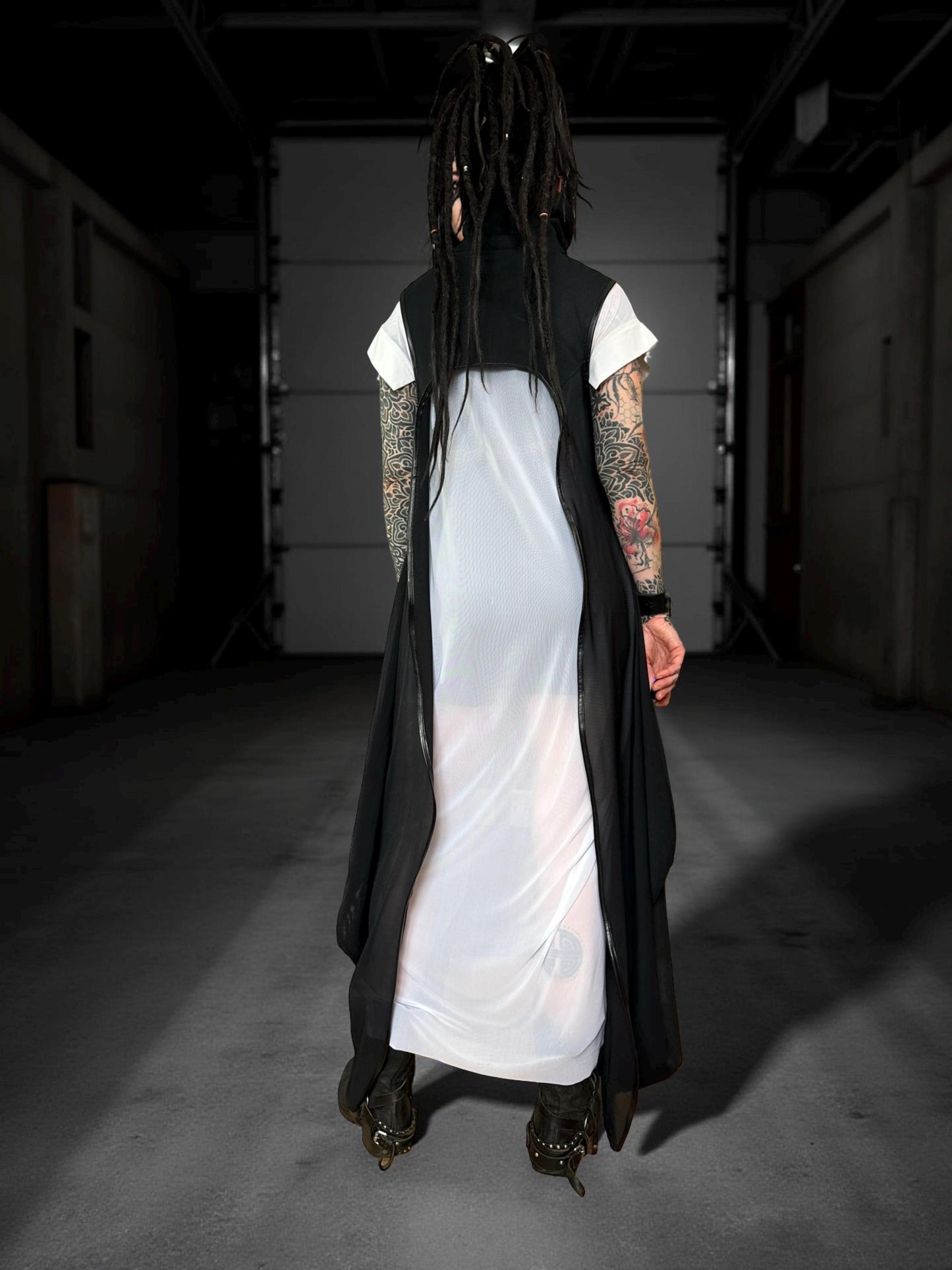 Long Oversize White Mesh Asymmetrical T-Shirt with pull ties. Goth// avant garde//