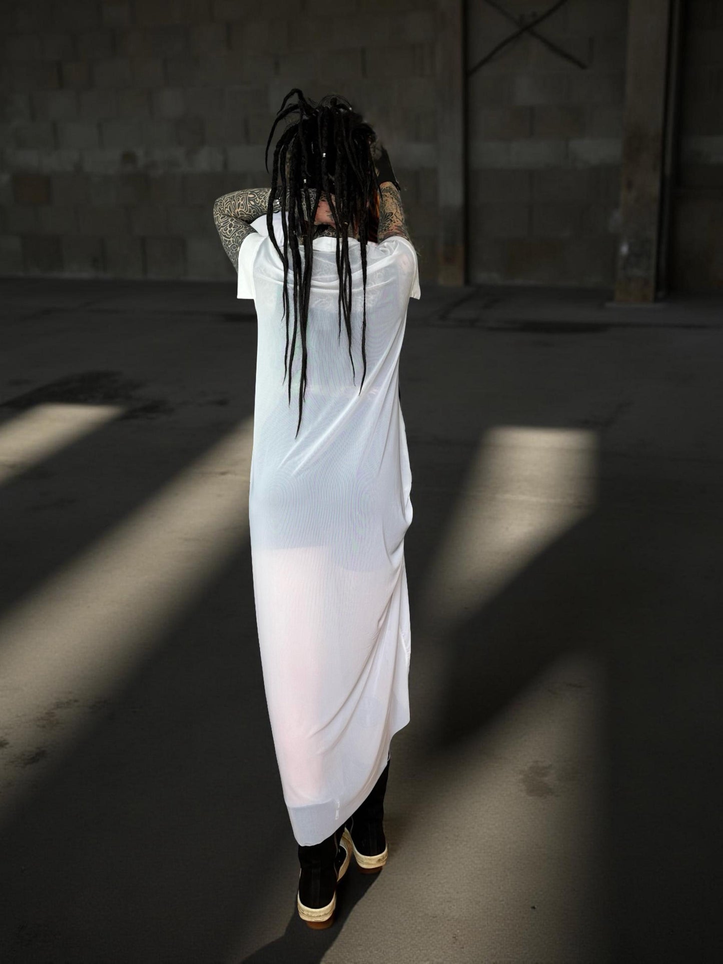 Long Oversize White Mesh Asymmetrical T-Shirt with pull ties. Goth// avant garde//