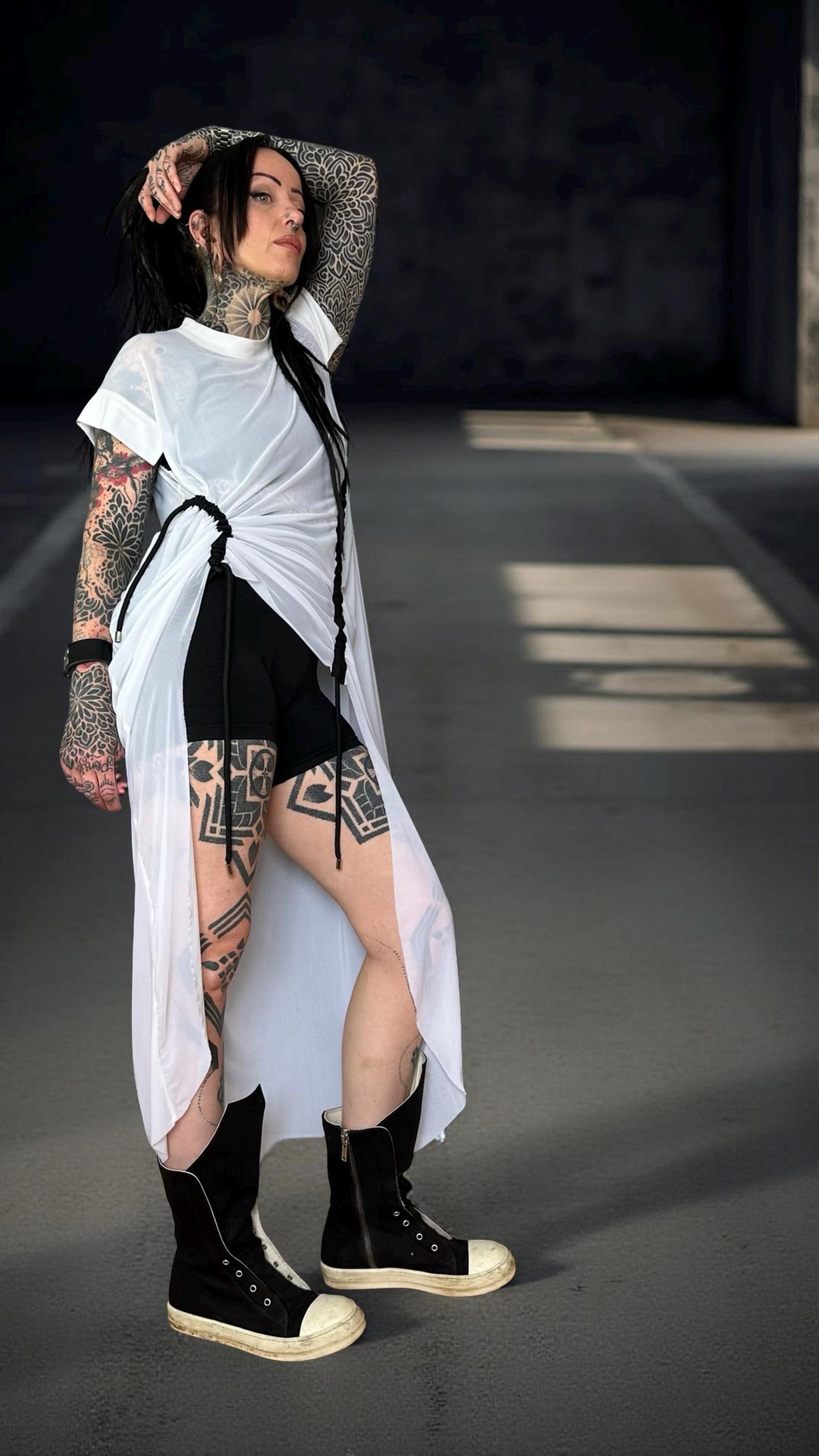 Long Oversize White Mesh Asymmetrical T-Shirt with pull ties. Goth// avant garde//