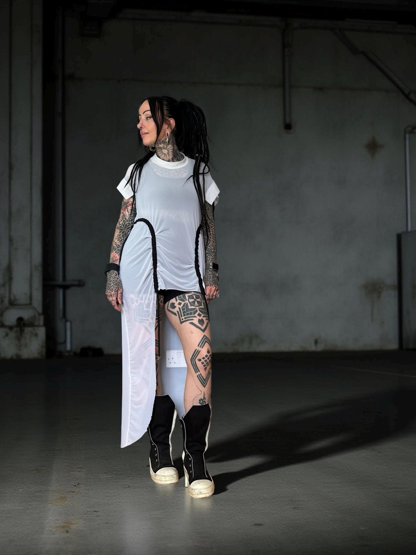 Long Oversize White Mesh Asymmetrical T-Shirt with pull ties. Goth// avant garde//