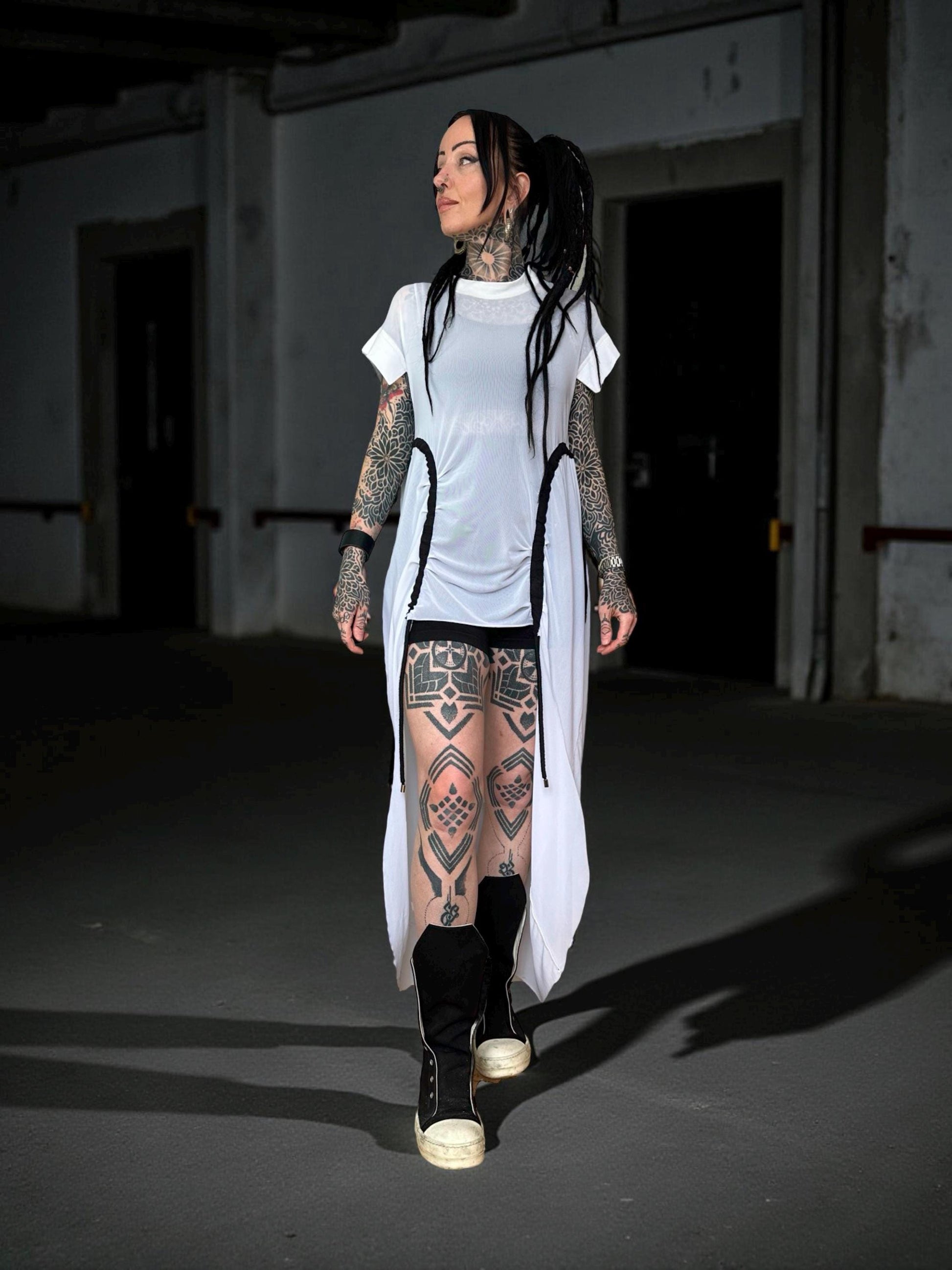 Long Oversize White Mesh Asymmetrical T-Shirt with pull ties. Goth// avant garde//