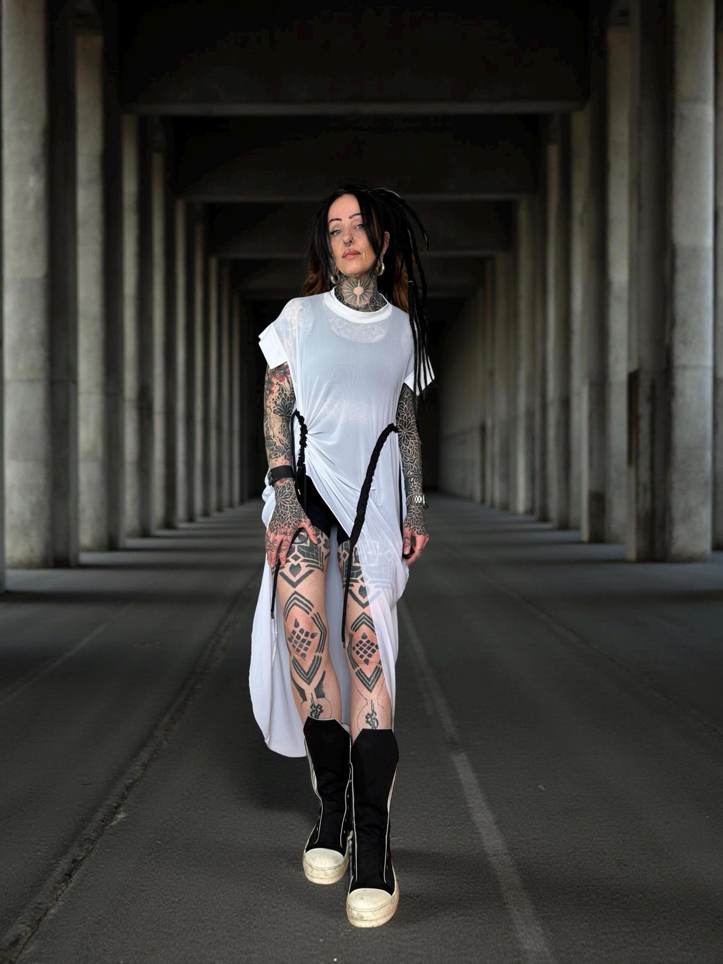 Long Oversize White Mesh Asymmetrical T-Shirt with pull ties. Goth// avant garde//