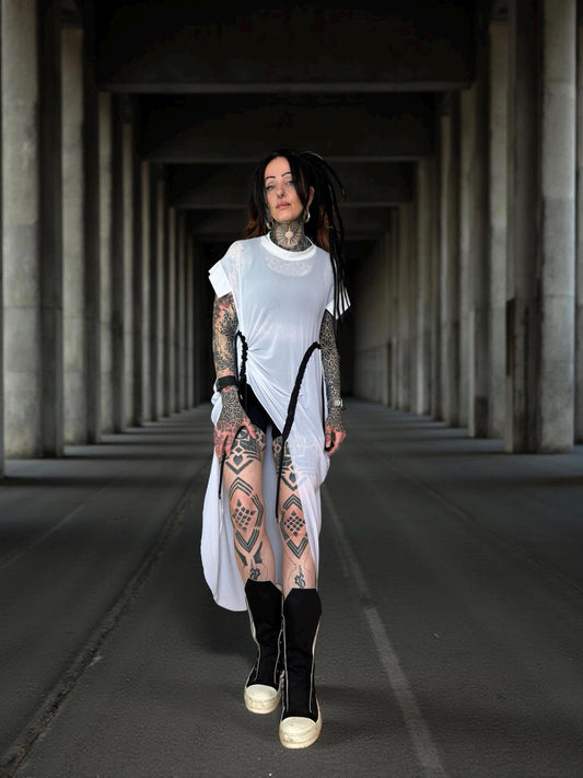 Long Oversize White Mesh Asymmetrical T-Shirt with pull ties. Goth// avant garde//