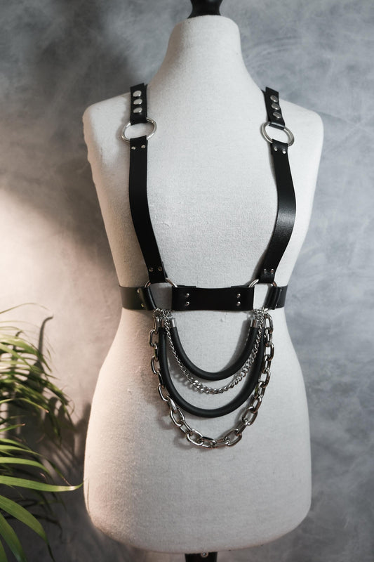 Vegan Leather Adjustable Chain and Tubing Harness. Goth//fetish//festival