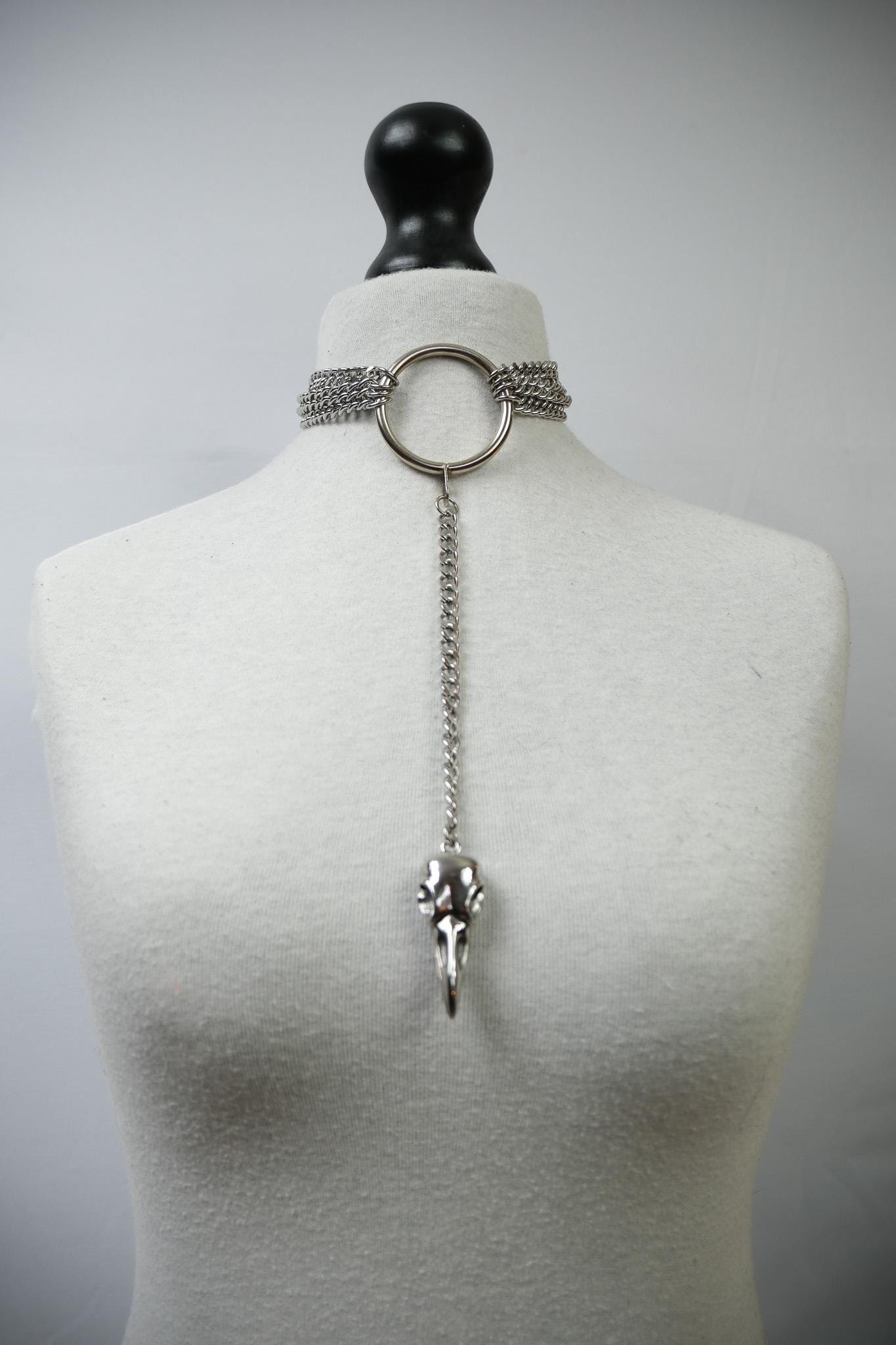 Curb Chain O Ring Choker Layered Dangle Bird Skull Necklace //Gothic Alternative Avant Garde Jewellery