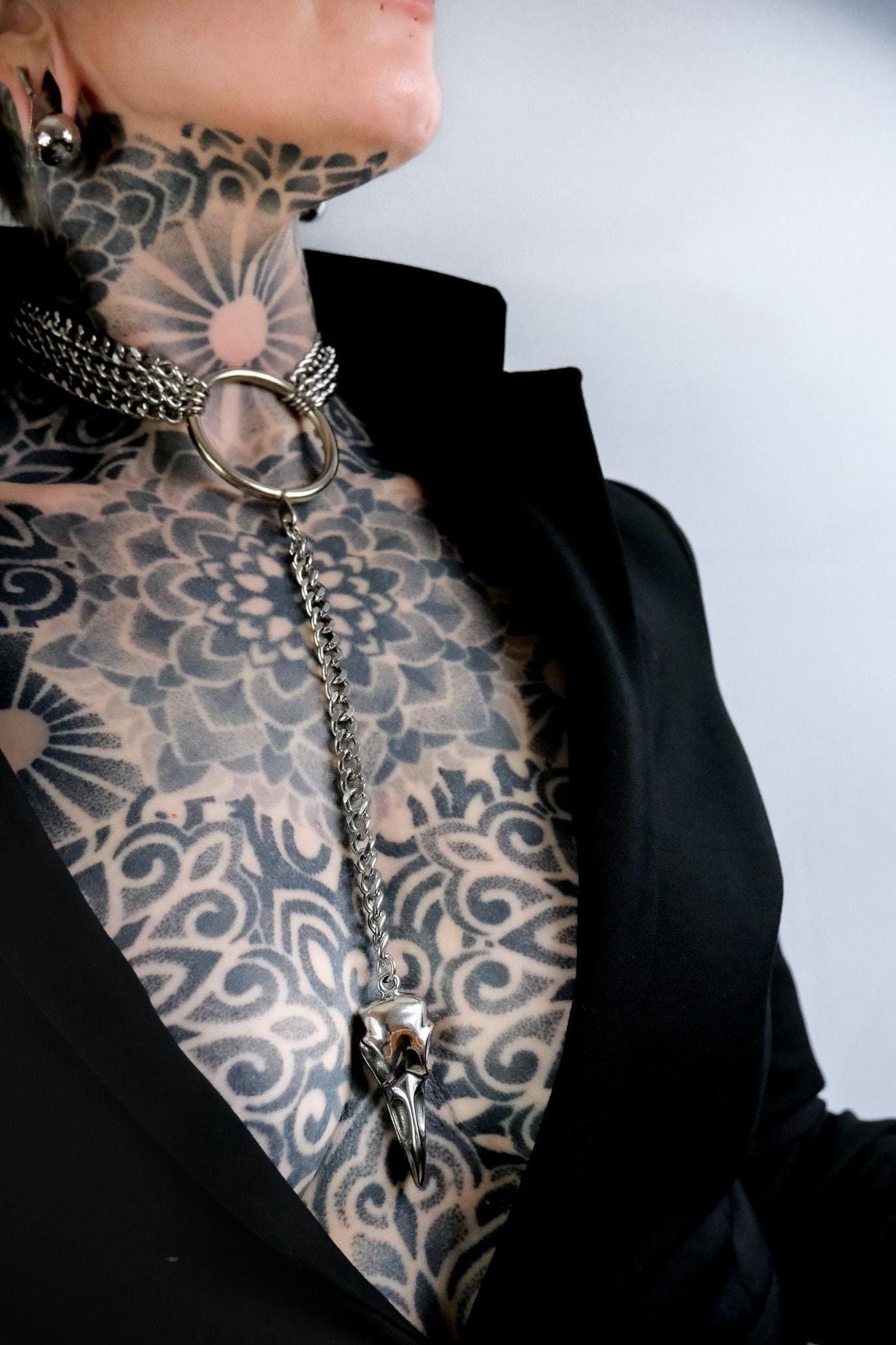 Curb Chain O Ring Choker Layered Dangle Bird Skull Necklace //Gothic Alternative Avant Garde Jewellery