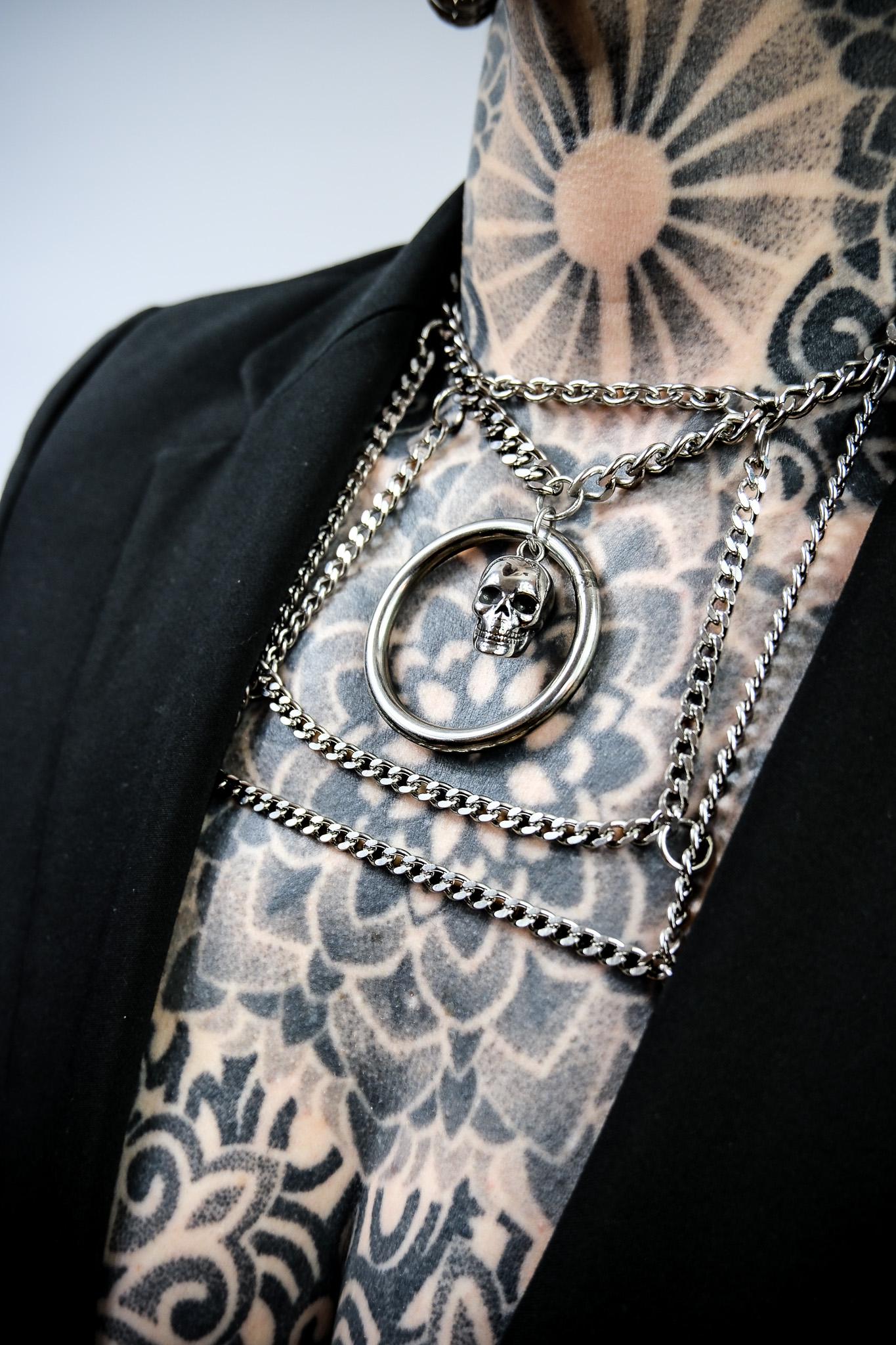 Delicate Chain Harness // Bold Square Design // Metal O Ring // Silver Skull // Goth Alternative Avant Garde.
