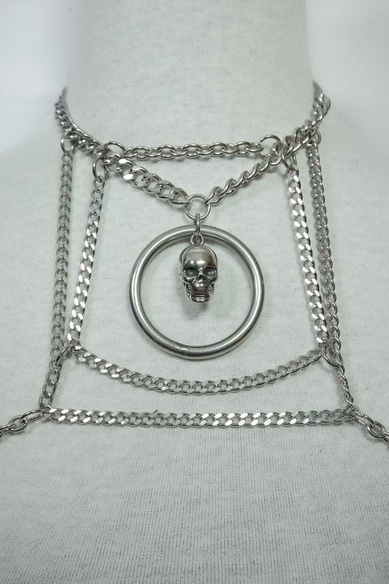 Delicate Chain Harness // Bold Square Design // Metal O Ring // Silver Skull // Goth Alternative Avant Garde.