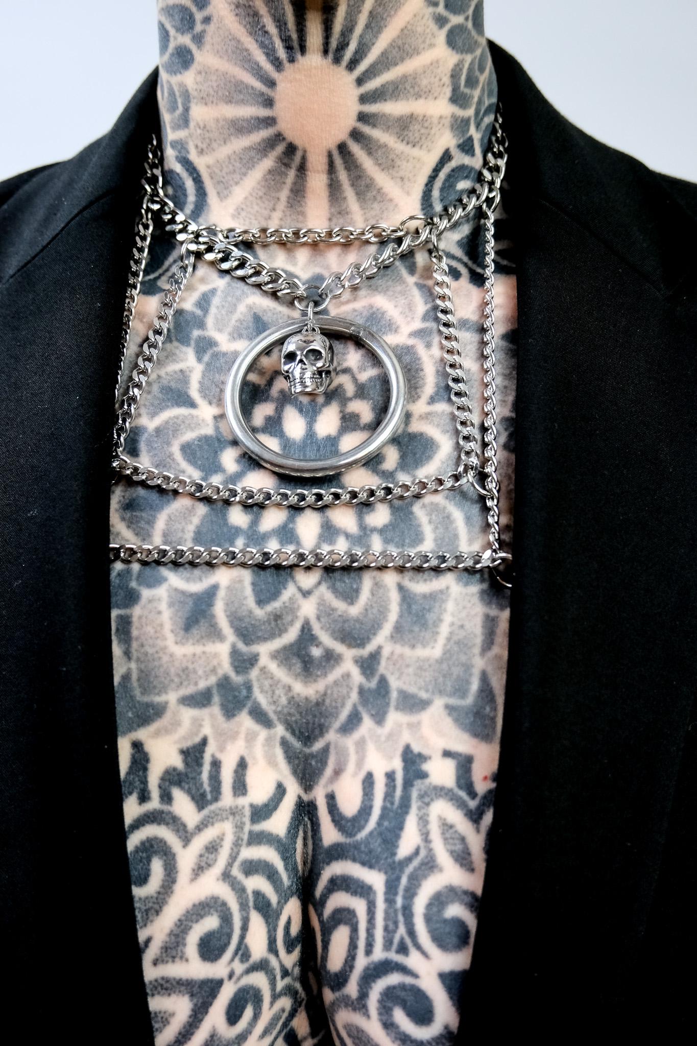 Delicate Chain Harness // Bold Square Design // Metal O Ring // Silver Skull // Goth Alternative Avant Garde.