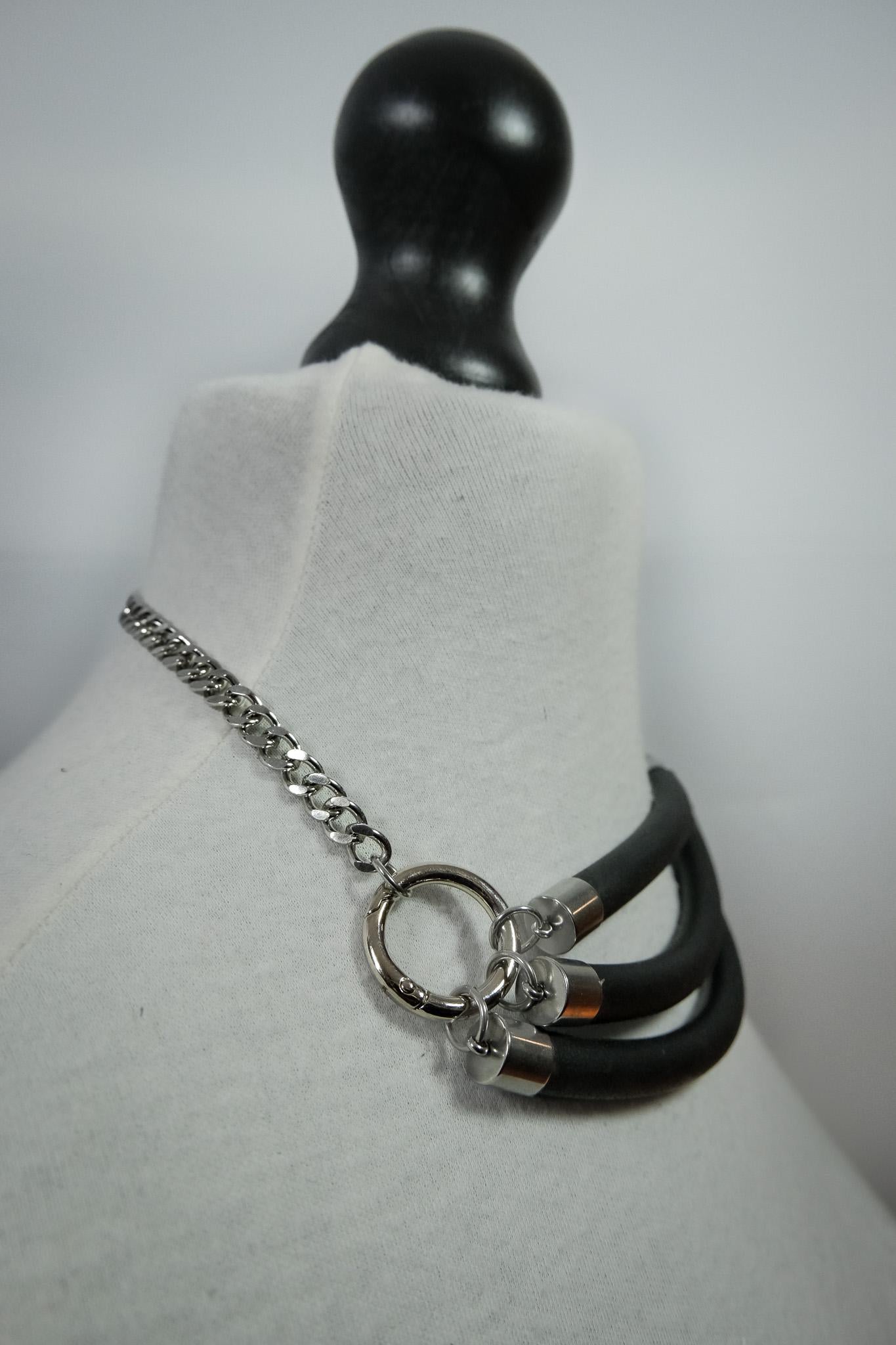 Minimalist Necklace //Layered Rubber Tubing and Small Stainless Steel O ring Detail // Goth Avant Garde.