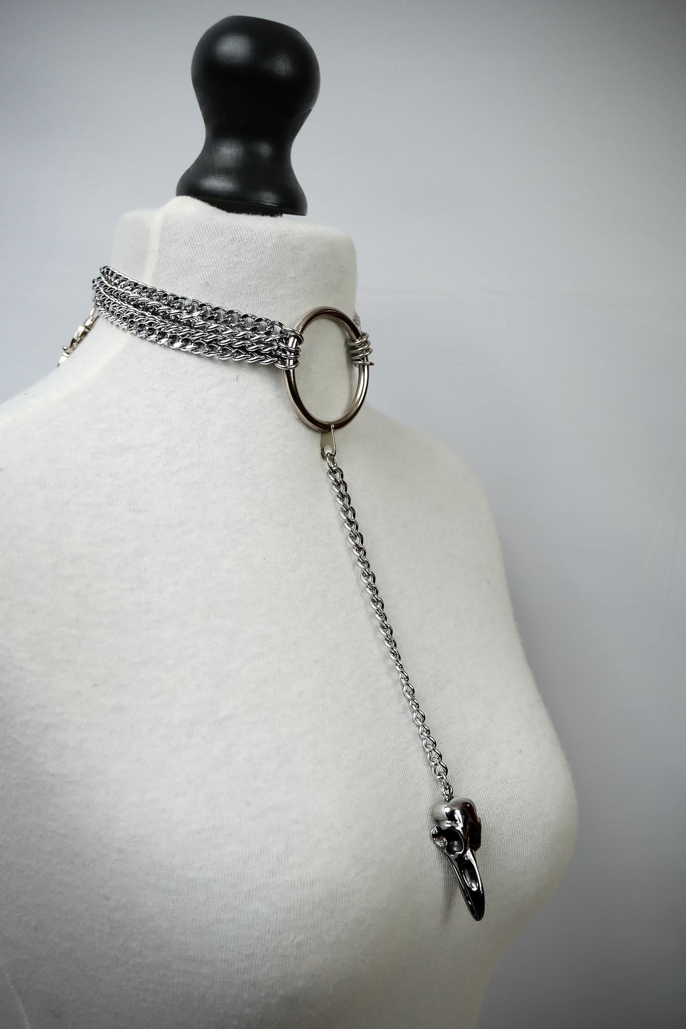 Curb Chain O Ring Choker Layered Dangle Bird Skull Necklace //Gothic Alternative Avant Garde Jewellery