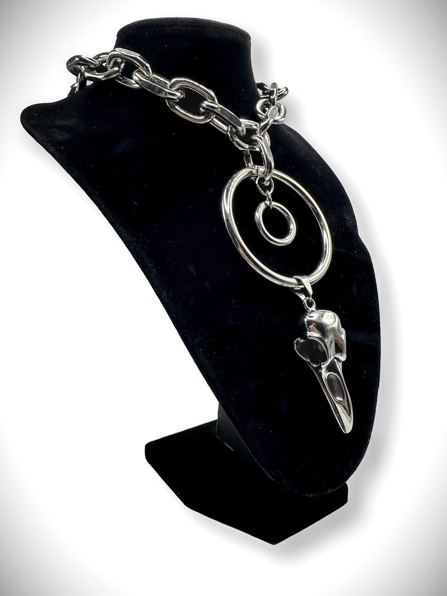 Chunky Cable Chain Link Bird Skull O Ring Necklace //Gothic Alternative Animal Avant Garde Jewellery