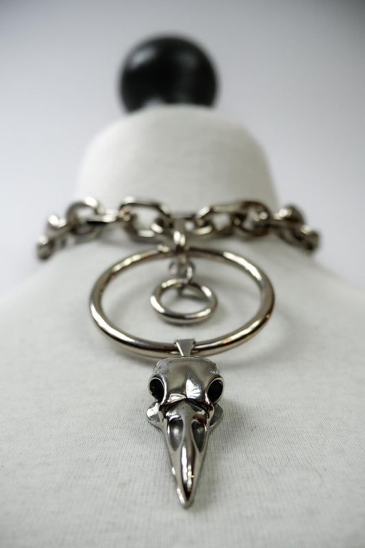 Chunky Cable Chain Link Bird Skull O Ring Necklace //Gothic Alternative Animal Avant Garde Jewellery