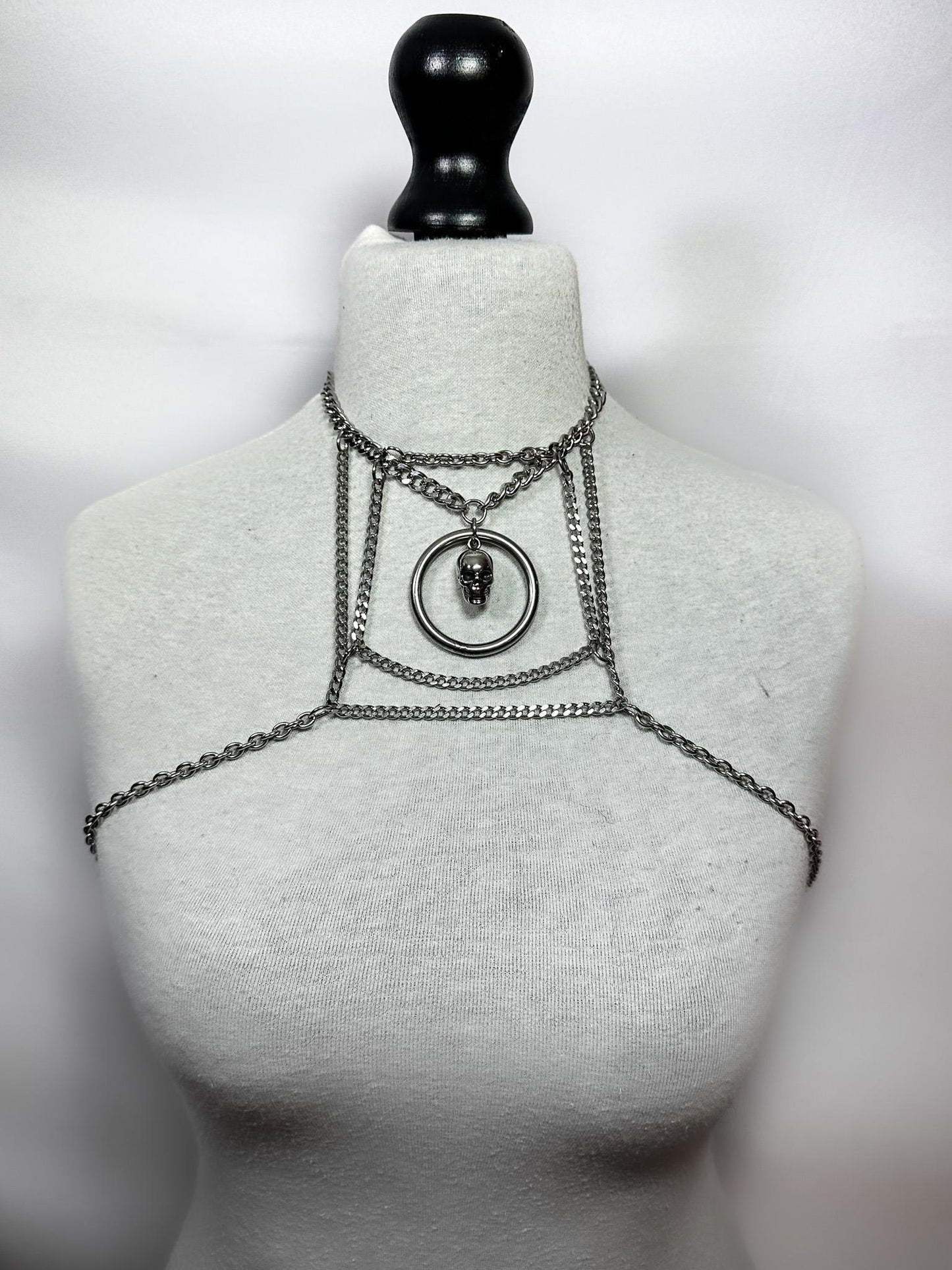Delicate Chain Harness // Bold Square Design // Metal O Ring // Silver Skull // Goth Alternative Avant Garde.