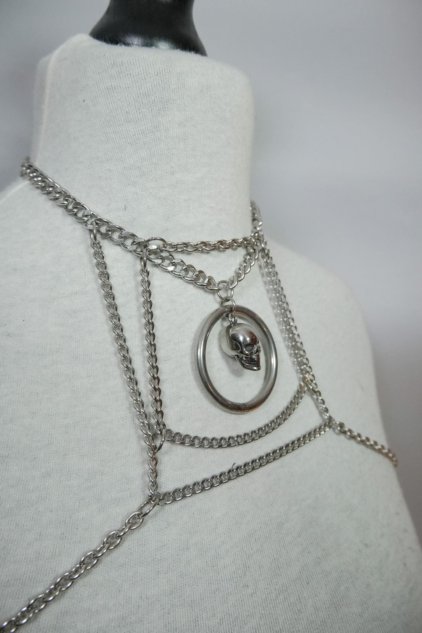 Delicate Chain Harness // Bold Square Design // Metal O Ring // Silver Skull // Goth Alternative Avant Garde.