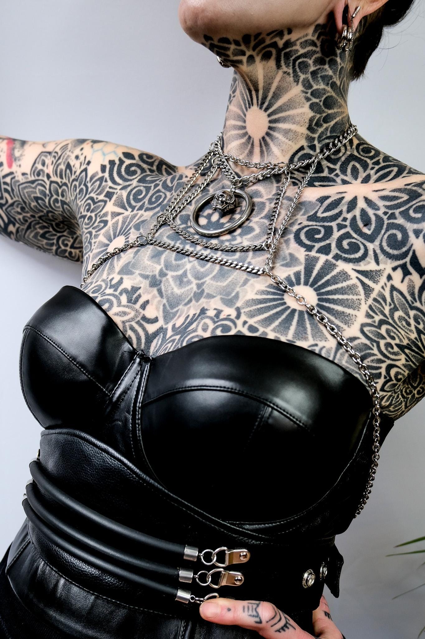 Delicate Chain Harness // Bold Square Design // Metal O Ring // Silver Skull // Goth Alternative Avant Garde.