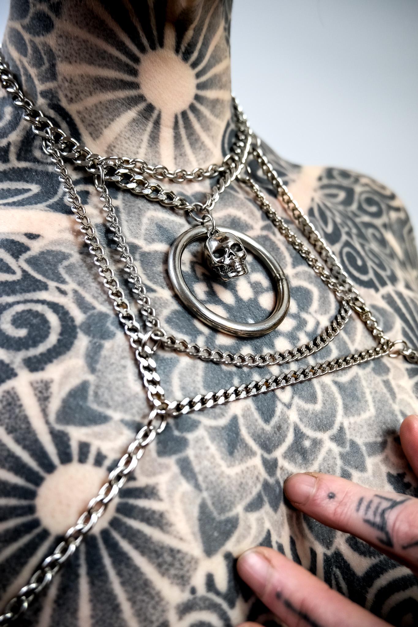 Delicate Chain Harness // Bold Square Design // Metal O Ring // Silver Skull // Goth Alternative Avant Garde.