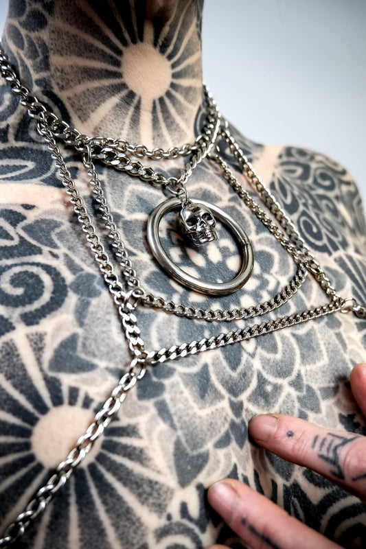 Delicate Chain Harness // Bold Square Design // Metal O Ring // Silver Skull // Goth Alternative Avant Garde.
