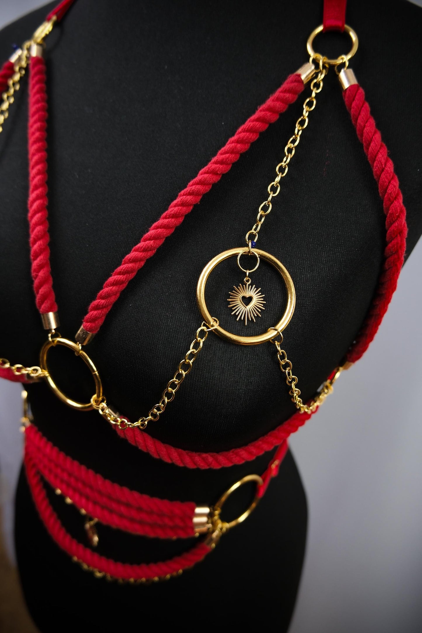 Cage Bra Harness and Belt xRed Shibari Rope with Gold Chain Accents // Fetish // Bondage // Gothic // Festival // Clubbing