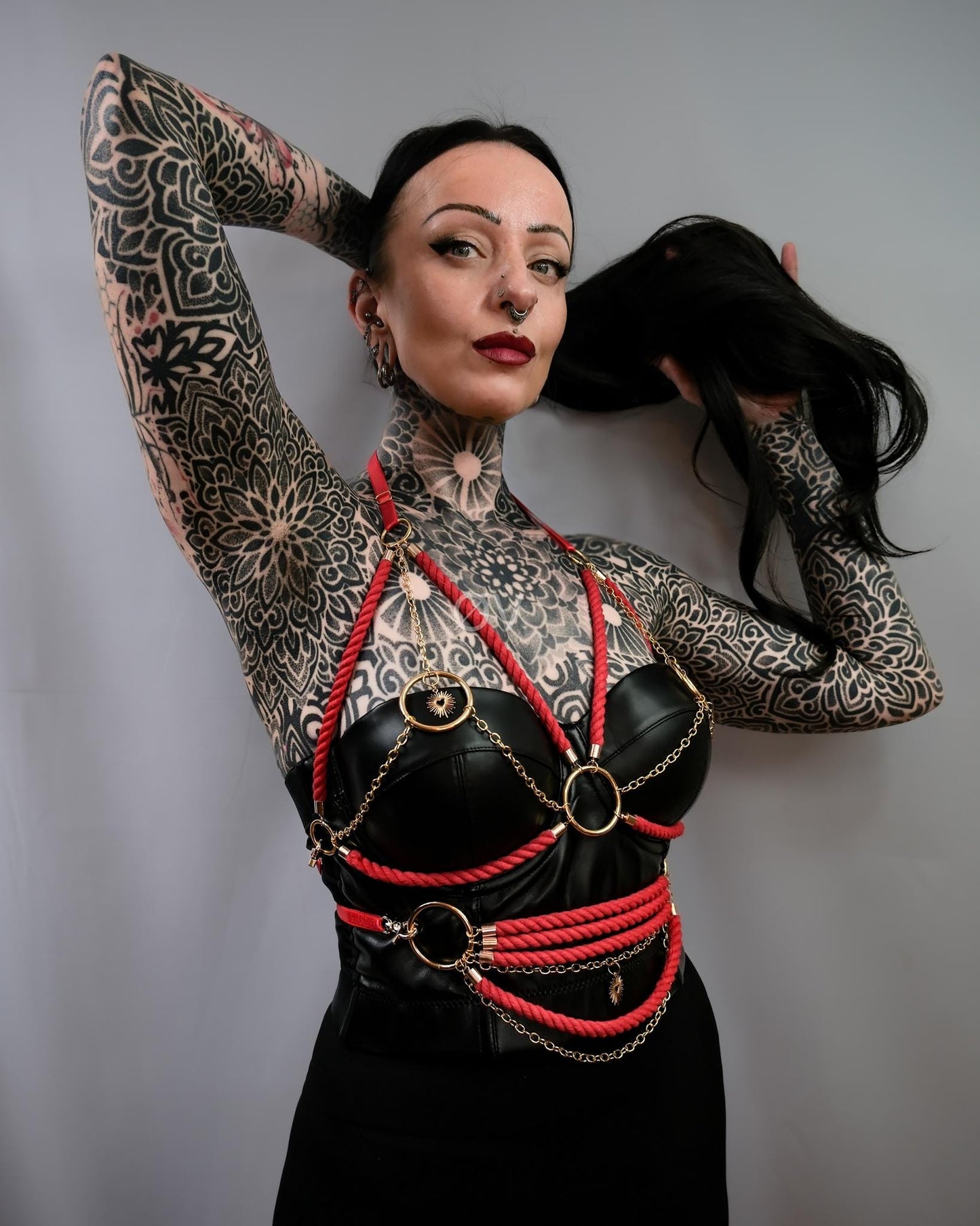 Cage Bra Harness and Belt xRed Shibari Rope with Gold Chain Accents // Fetish // Bondage // Gothic // Festival // Clubbing