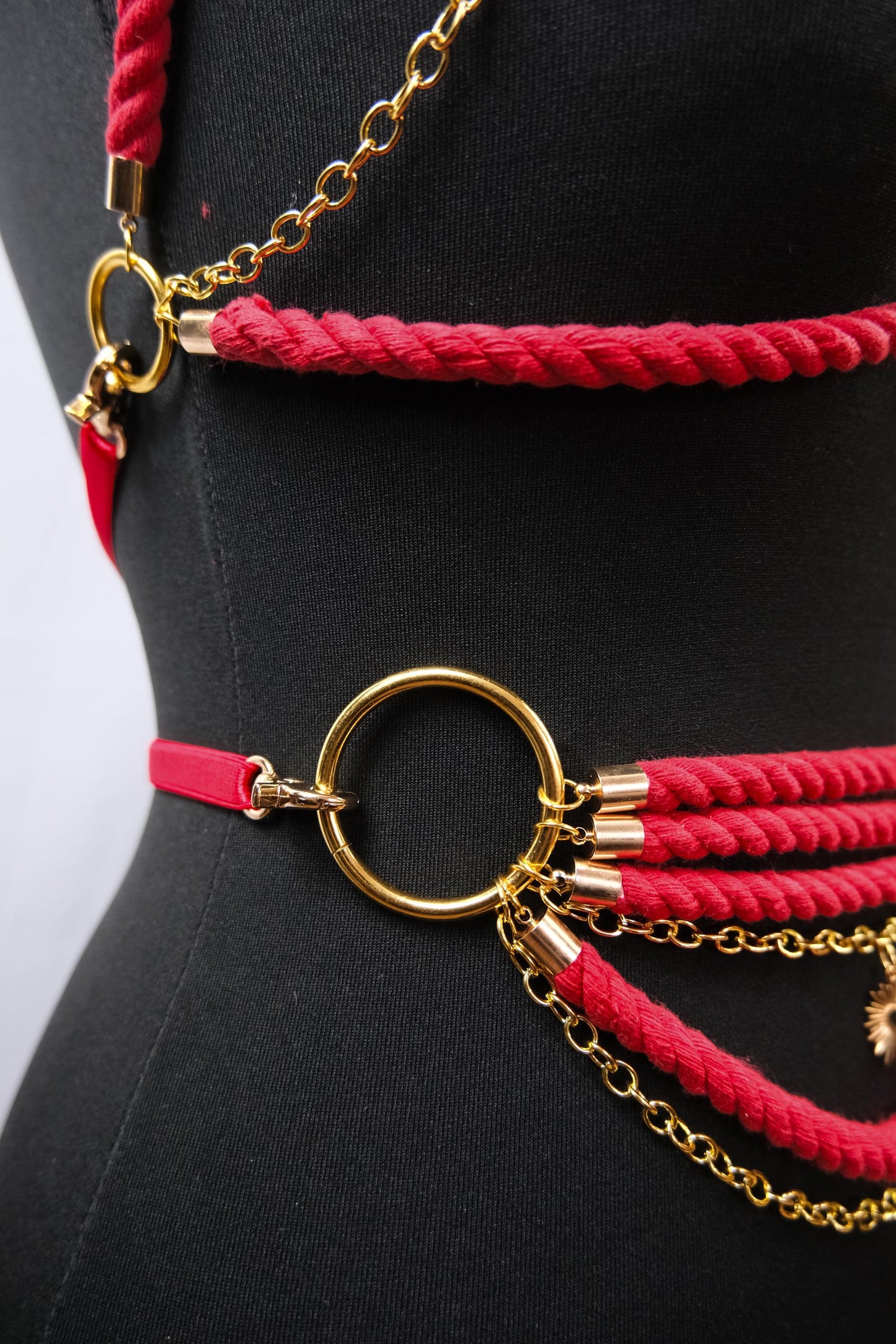 Cage Bra Harness and Belt xRed Shibari Rope with Gold Chain Accents // Fetish // Bondage // Gothic // Festival // Clubbing