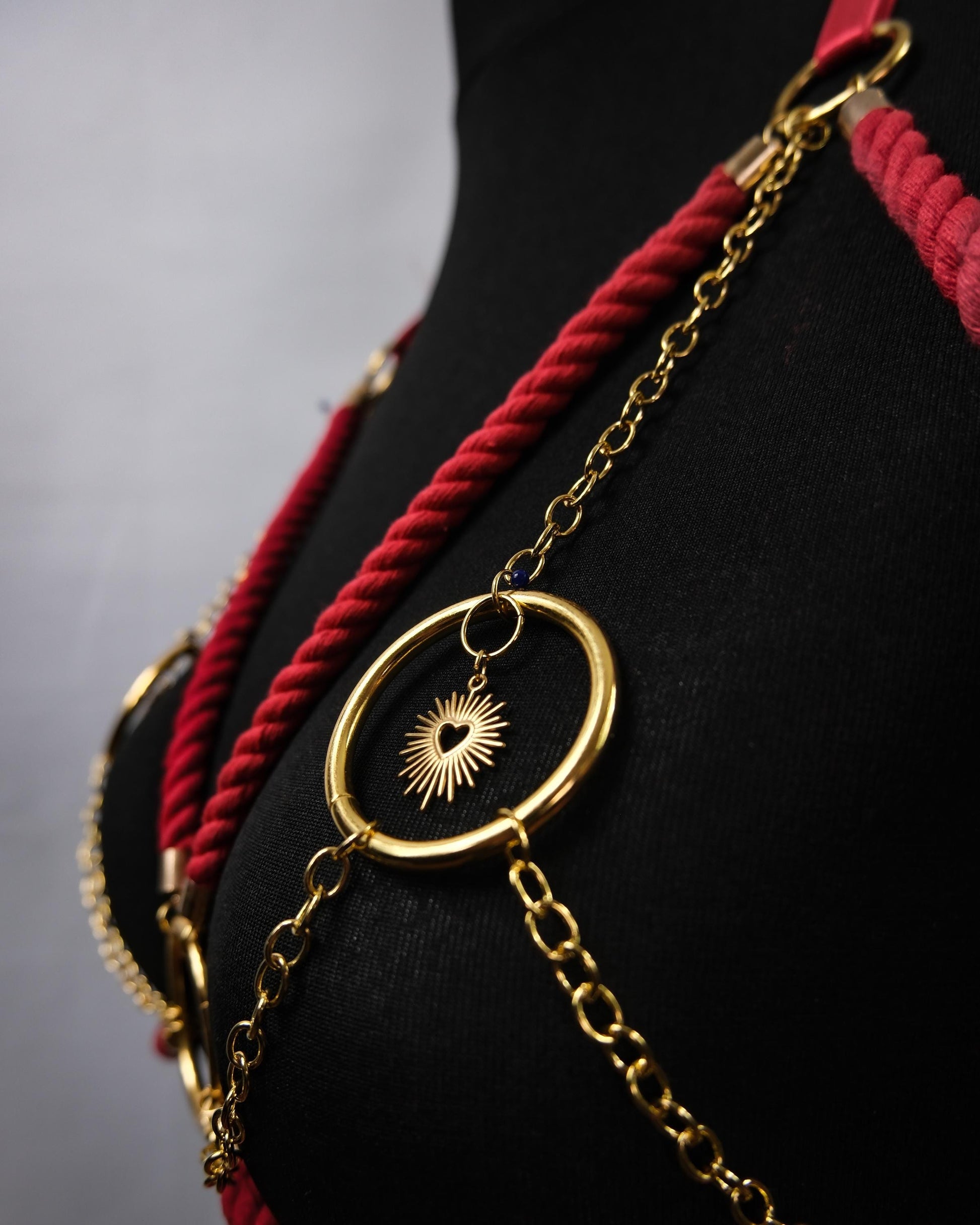 Cage Bra Harness and Belt xRed Shibari Rope with Gold Chain Accents // Fetish // Bondage // Gothic // Festival // Clubbing