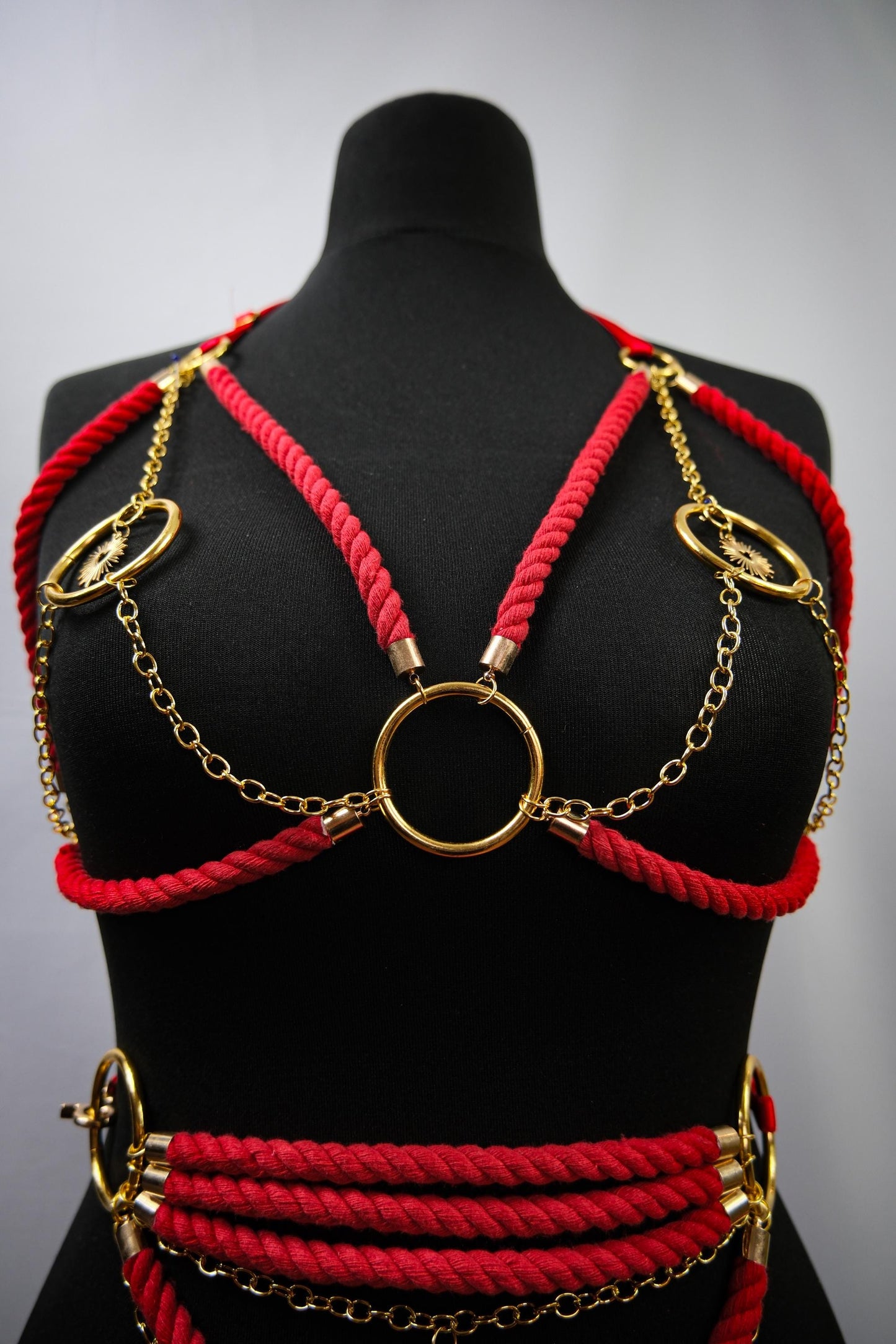 Cage Bra Harness and Belt xRed Shibari Rope with Gold Chain Accents // Fetish // Bondage // Gothic // Festival // Clubbing