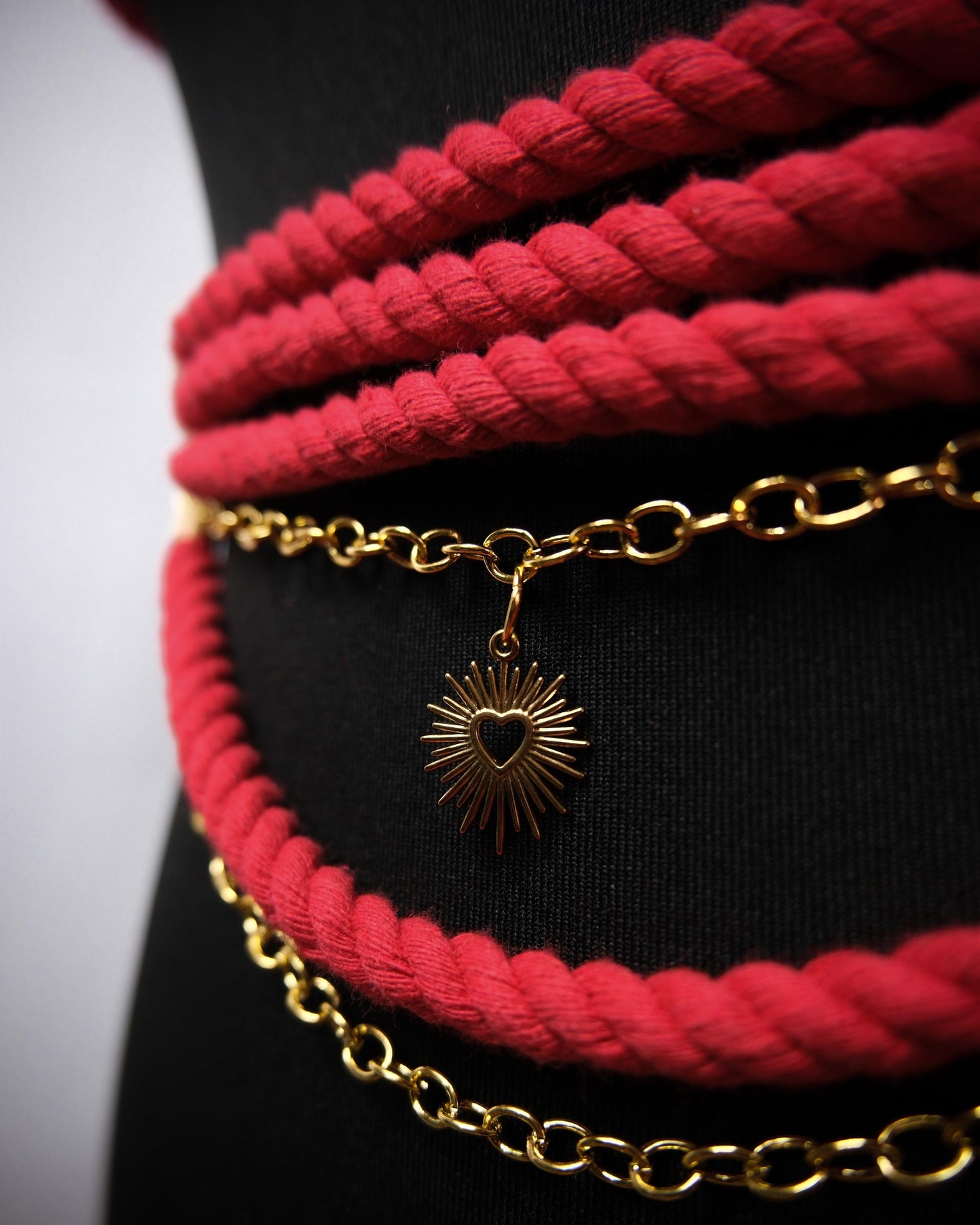 Cage Bra Harness and Belt xRed Shibari Rope with Gold Chain Accents // Fetish // Bondage // Gothic // Festival // Clubbing