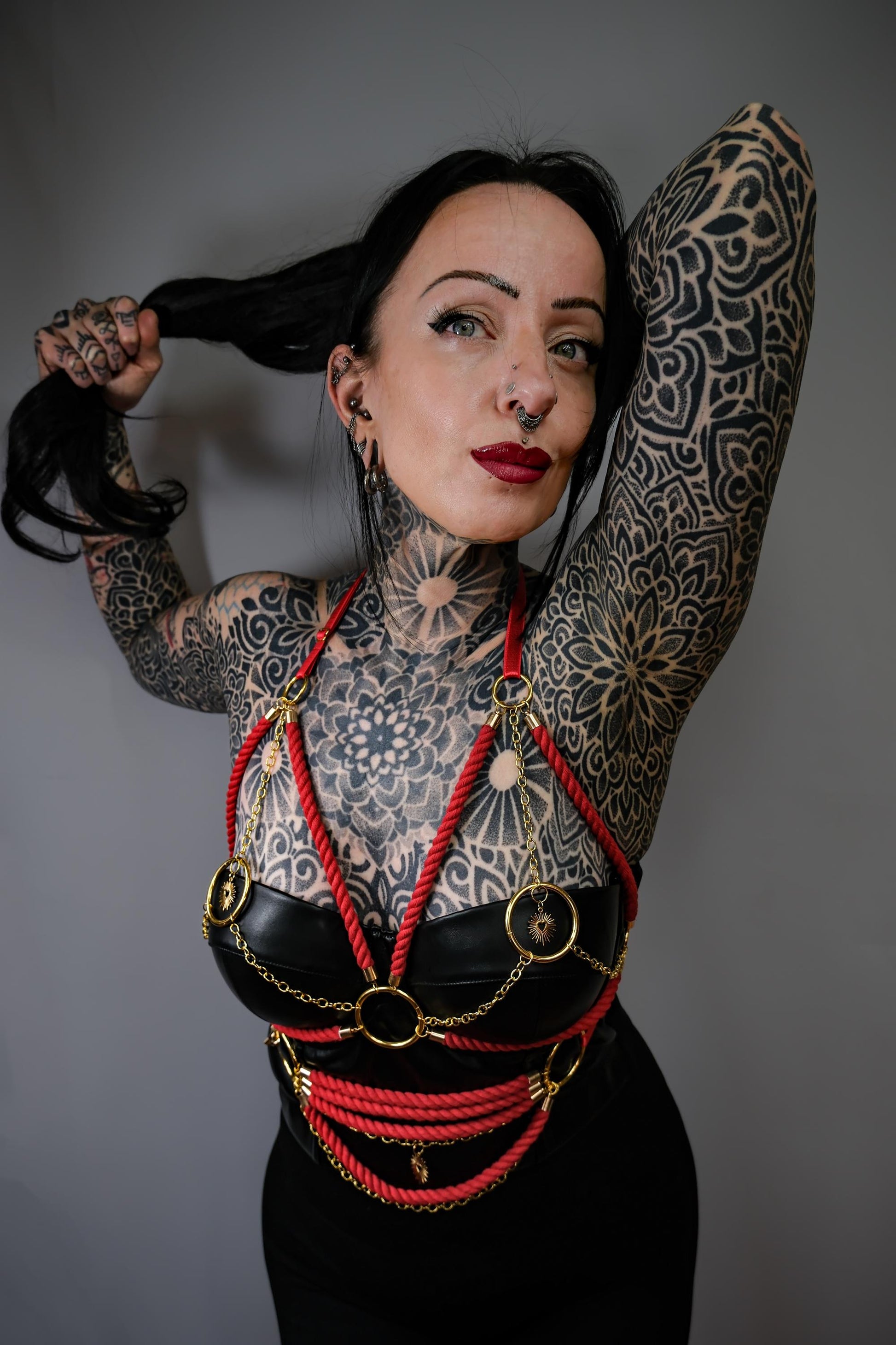 Cage Bra Harness and Belt xRed Shibari Rope with Gold Chain Accents // Fetish // Bondage // Gothic // Festival // Clubbing