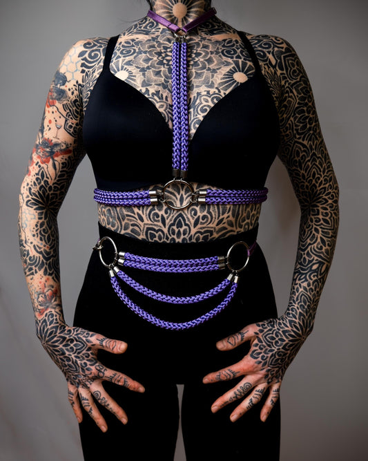 Purple Cage Bra Harness and Belt x Bondage Rope with Silver Accents // Fetish // Bondage // Gothic // Festival // Clubbing