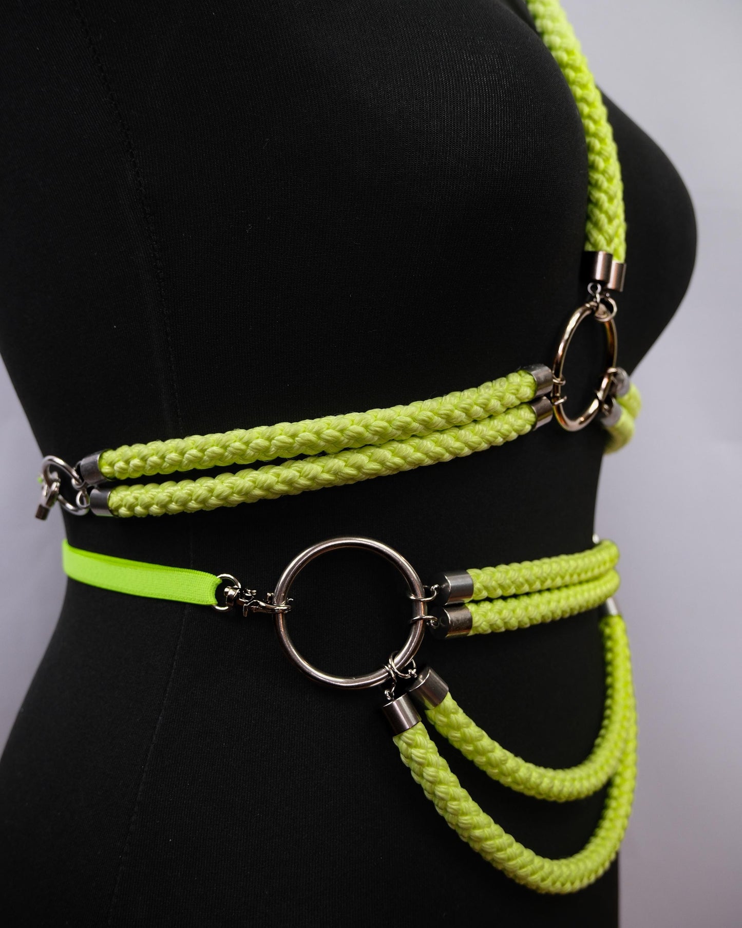 Neon Yellow Cage Bra Harness and Belt x Bondage Rope with Silver Accents // Fetish // Bondage // Festival // Clubbing // UV
