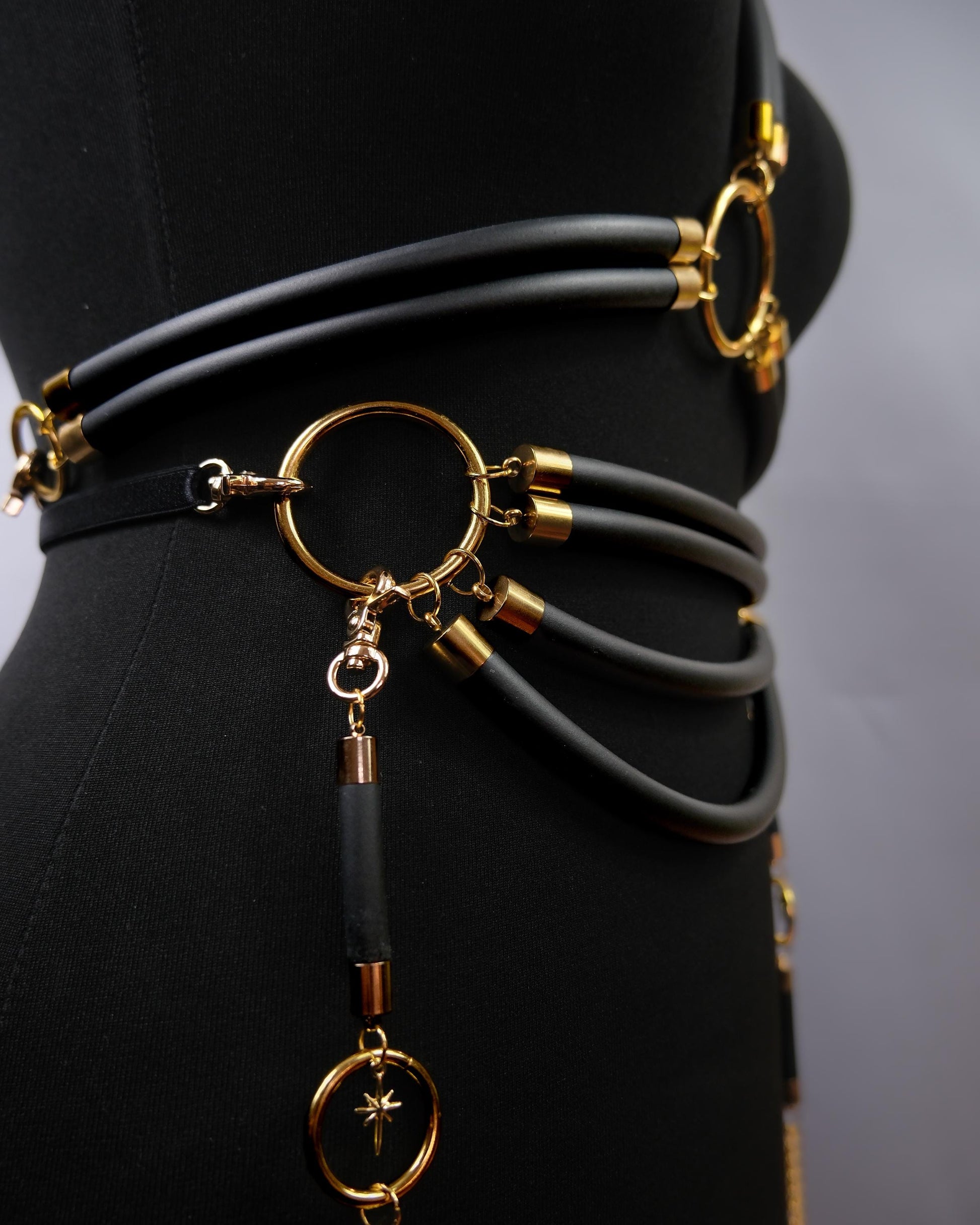 Cage Bra Harness and Belt x Black Rubber with Gold Accents // Fetish // Bondage // Gothic // Festival // Clubbing