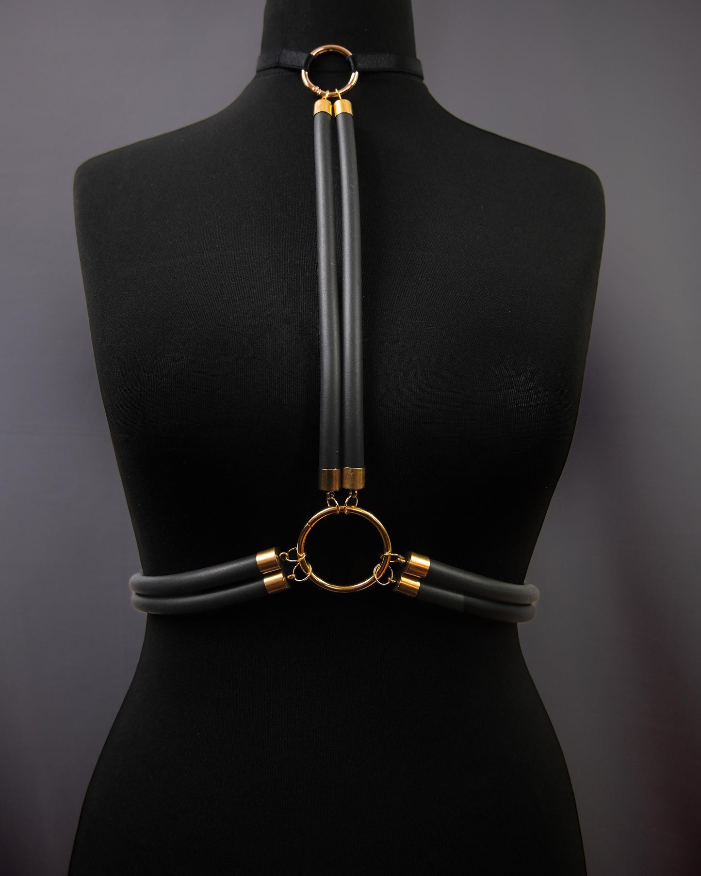 Cage Bra Harness and Belt x Black Rubber with Gold Accents // Fetish // Bondage // Gothic // Festival // Clubbing