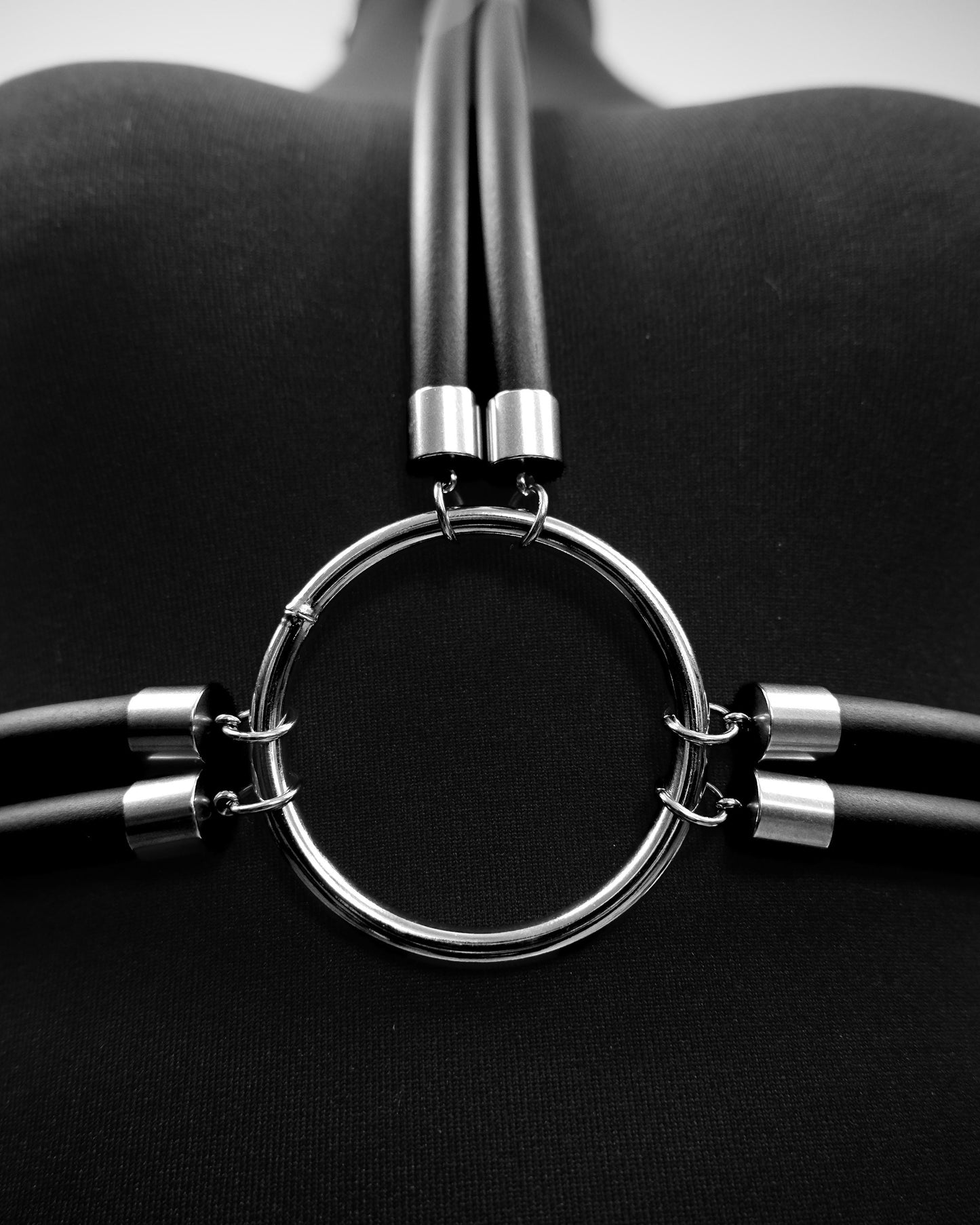 Black Cage Bra Harness and Belt x Neoprene tubing Silver Accents // Fetish // Bondage // Festival // Clubbing.