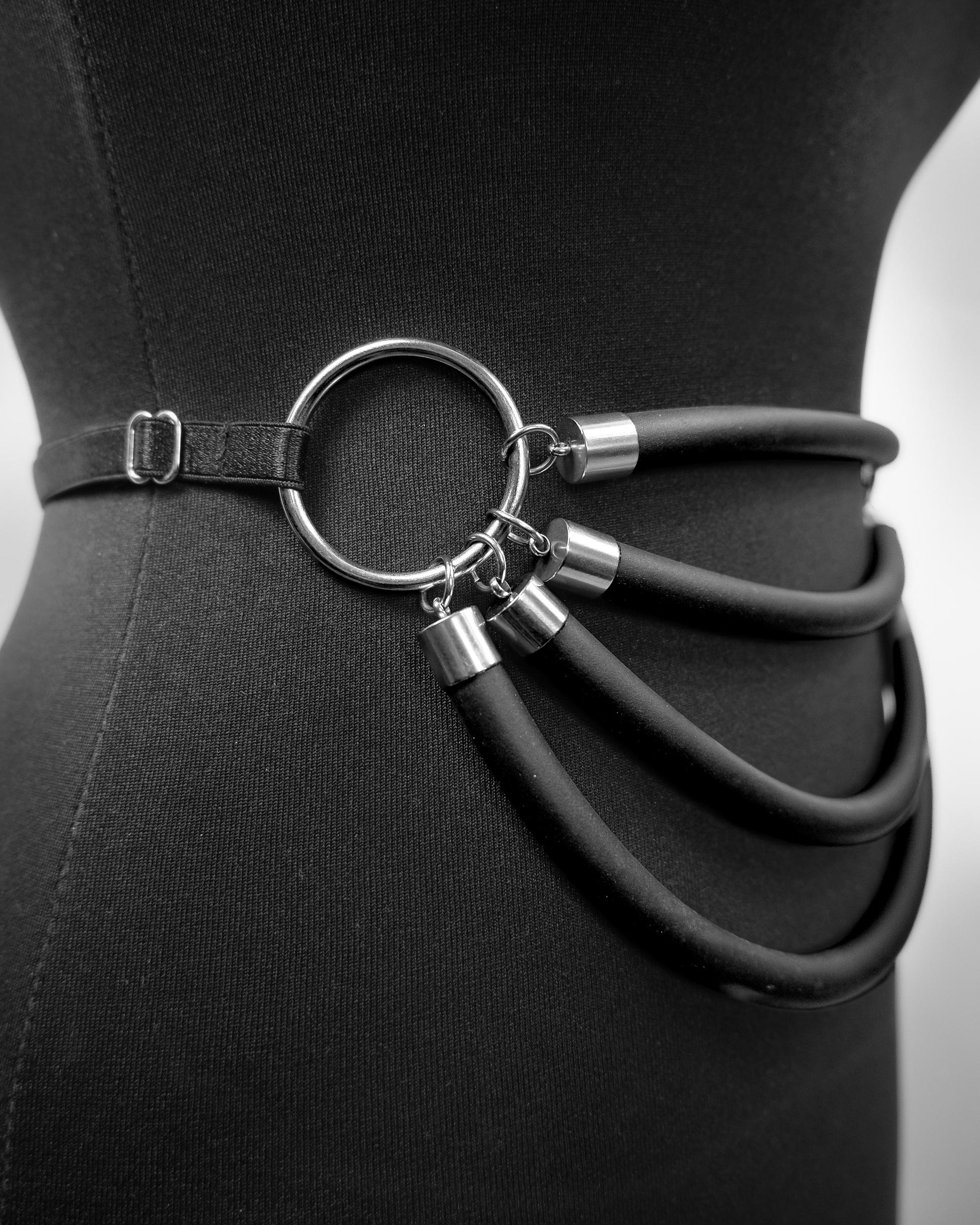 Black Cage Bra Harness and Belt x Neoprene tubing Silver Accents // Fetish // Bondage // Festival // Clubbing.