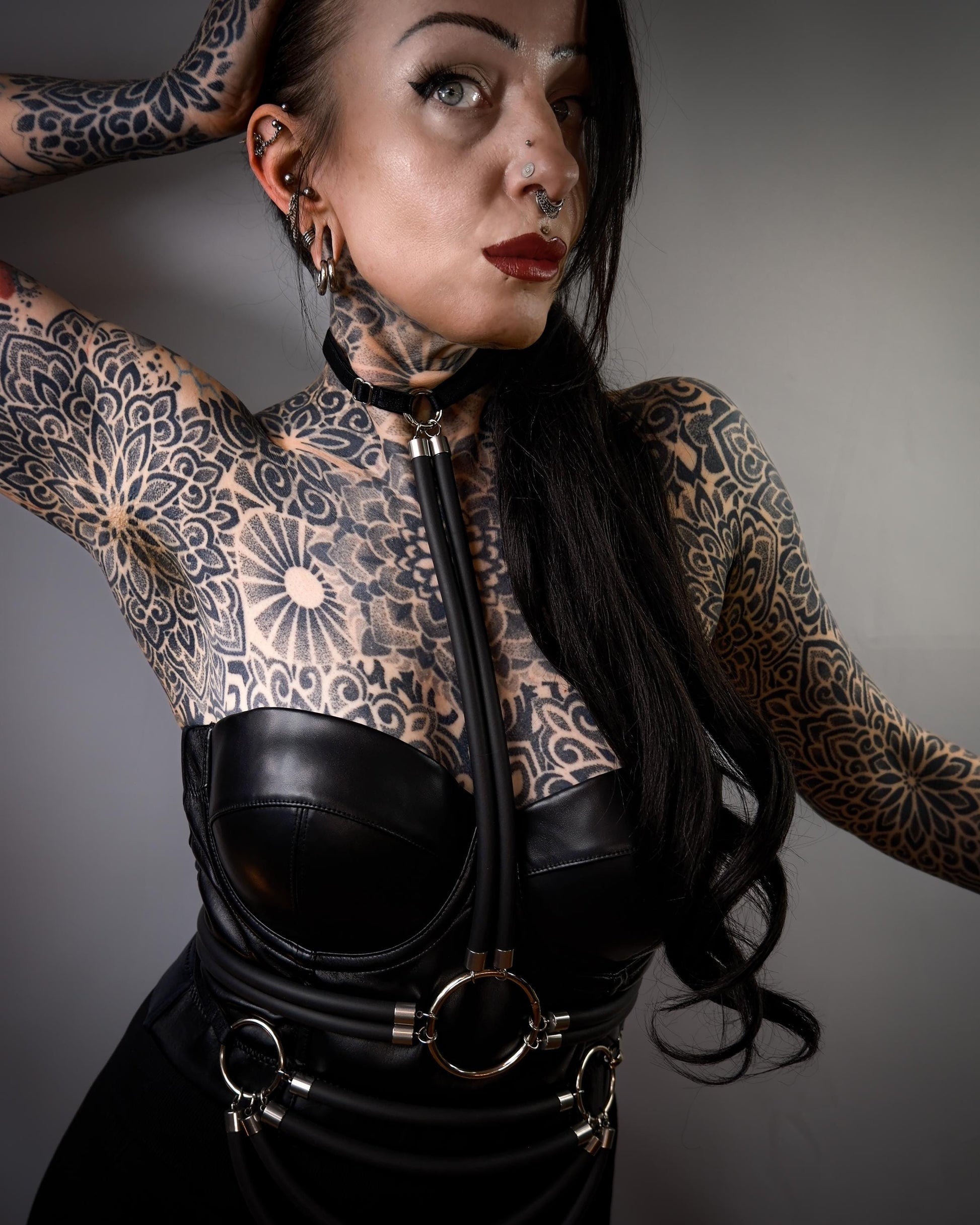 Black Cage Bra Harness and Belt x Neoprene tubing Silver Accents // Fetish // Bondage // Festival // Clubbing.