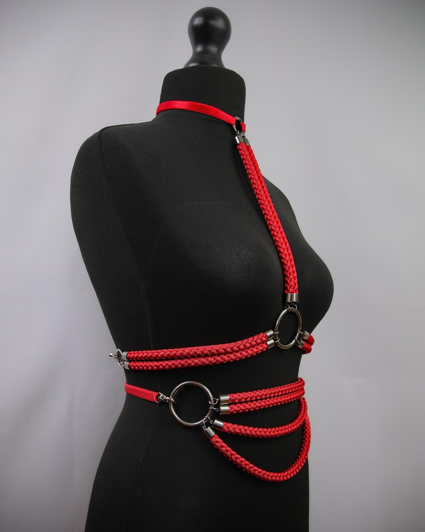 Red Cage Bra Harness and Belt x Bondage Rope with Silver Accents // Fetish // Bondage // Gothic // Festival // Clubbing