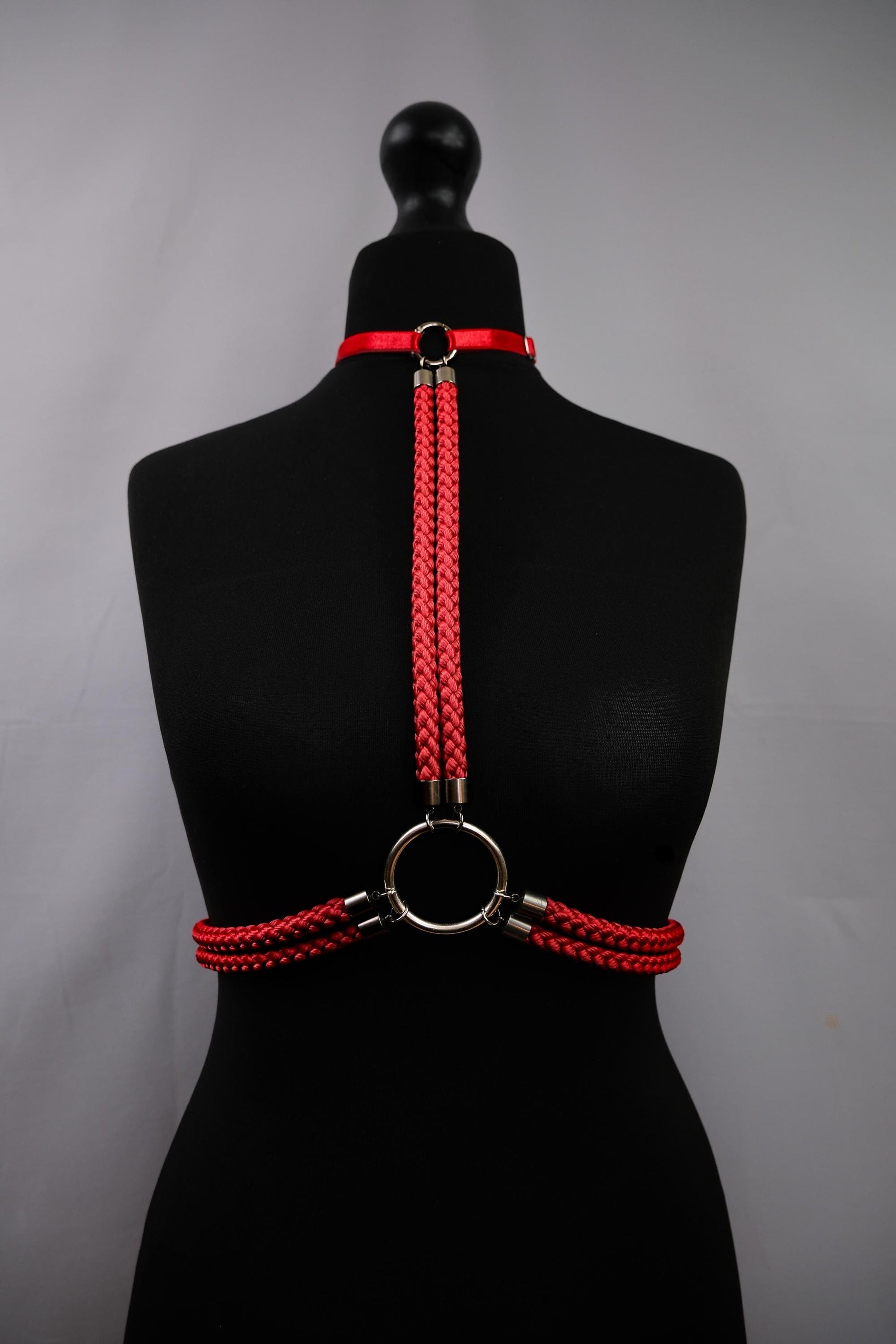 Red Cage Bra Harness and Belt x Bondage Rope with Silver Accents // Fetish // Bondage // Gothic // Festival // Clubbing