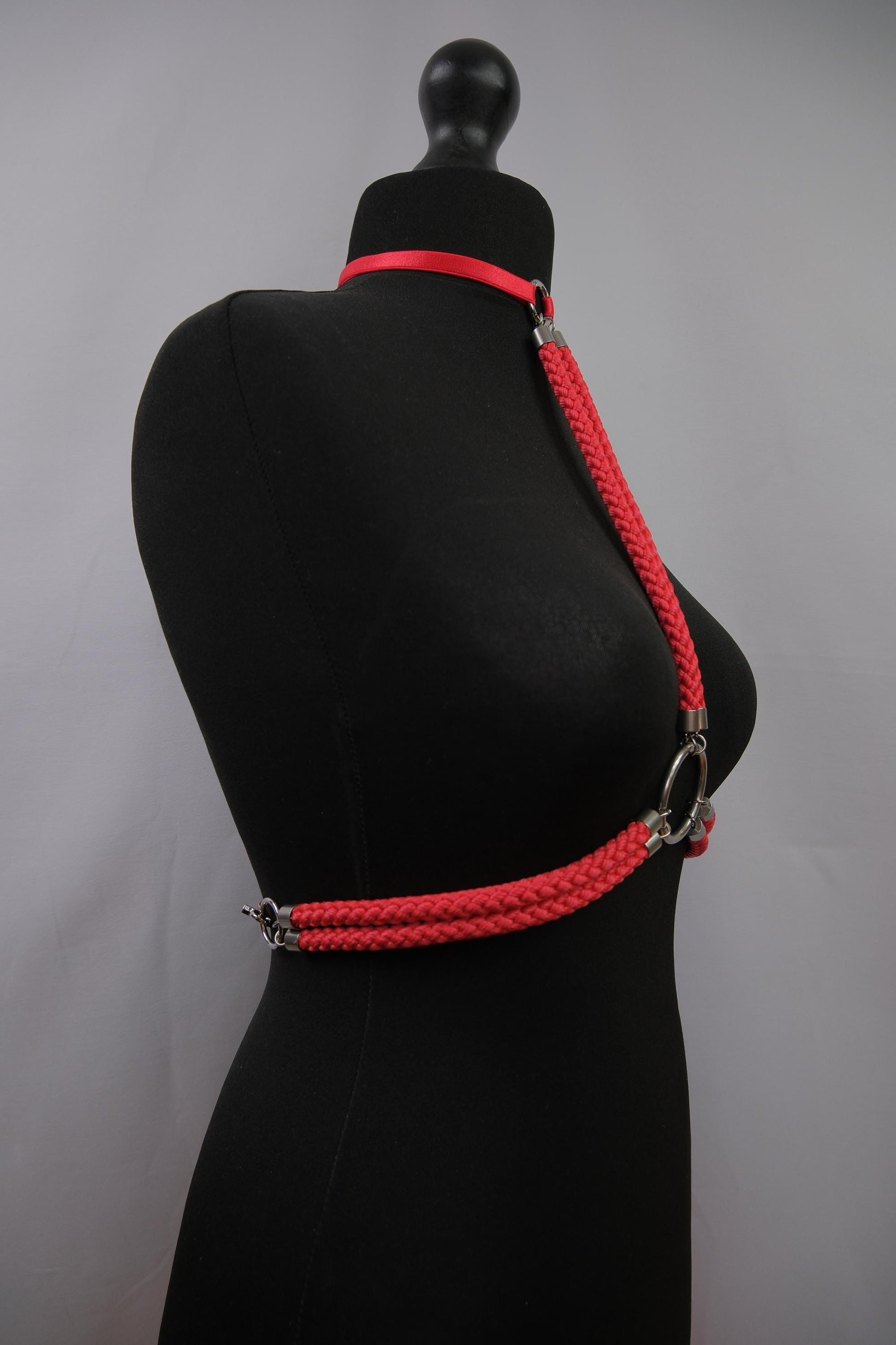 Red Cage Bra Harness and Belt x Bondage Rope with Silver Accents // Fetish // Bondage // Gothic // Festival // Clubbing