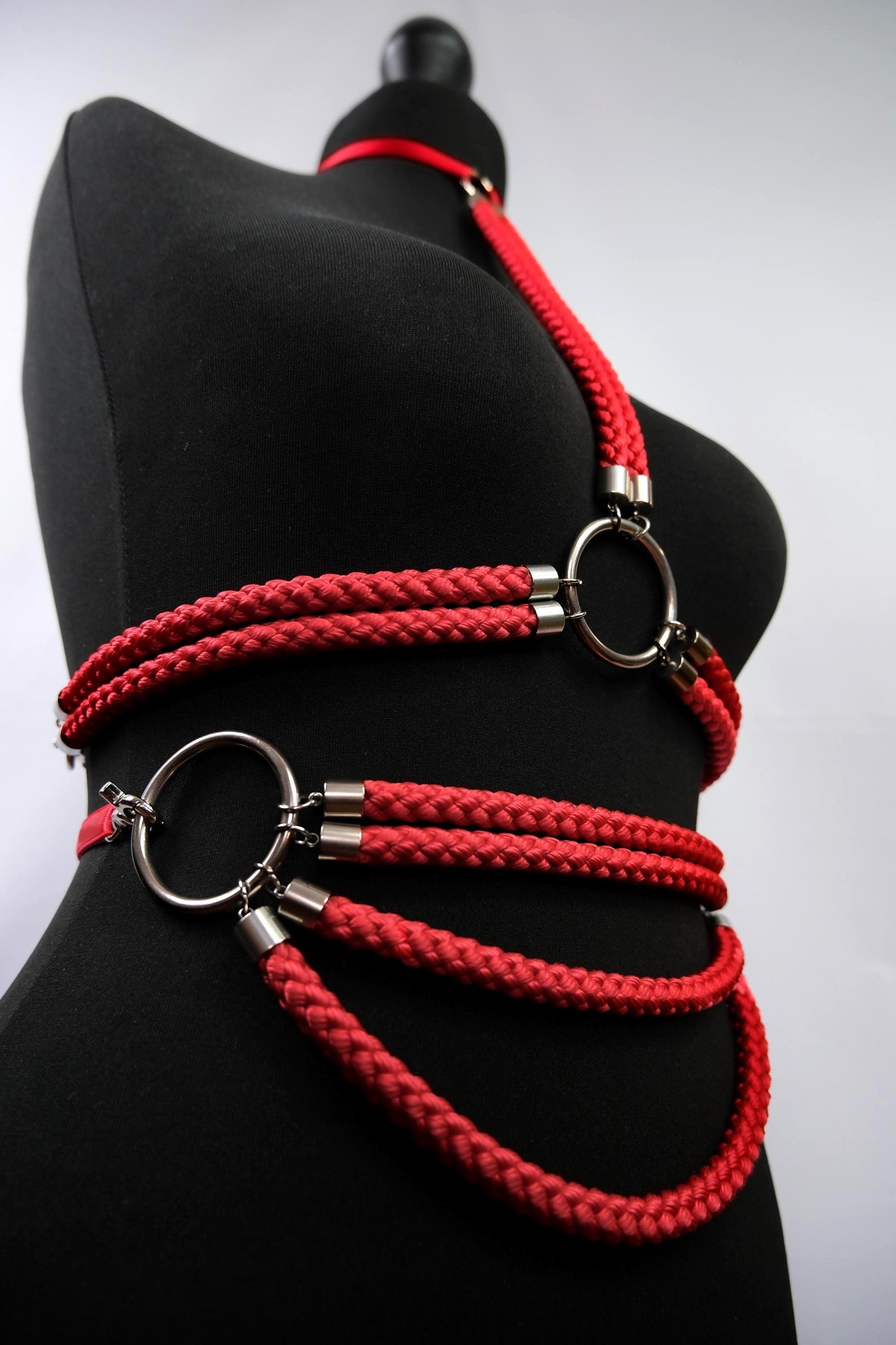 Red Cage Bra Harness and Belt x Bondage Rope with Silver Accents // Fetish // Bondage // Gothic // Festival // Clubbing