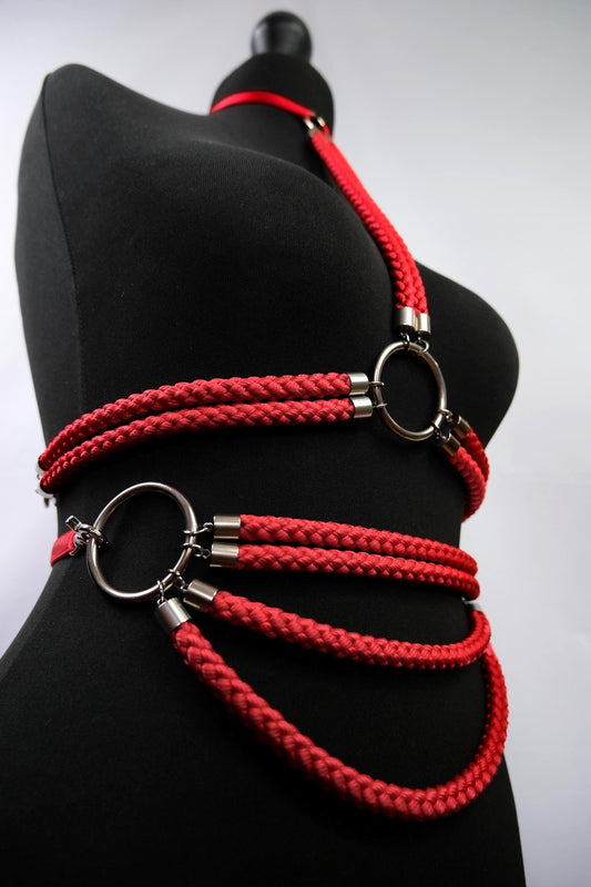 Red Cage Bra Harness and Belt x Bondage Rope with Silver Accents // Fetish // Bondage // Gothic // Festival // Clubbing
