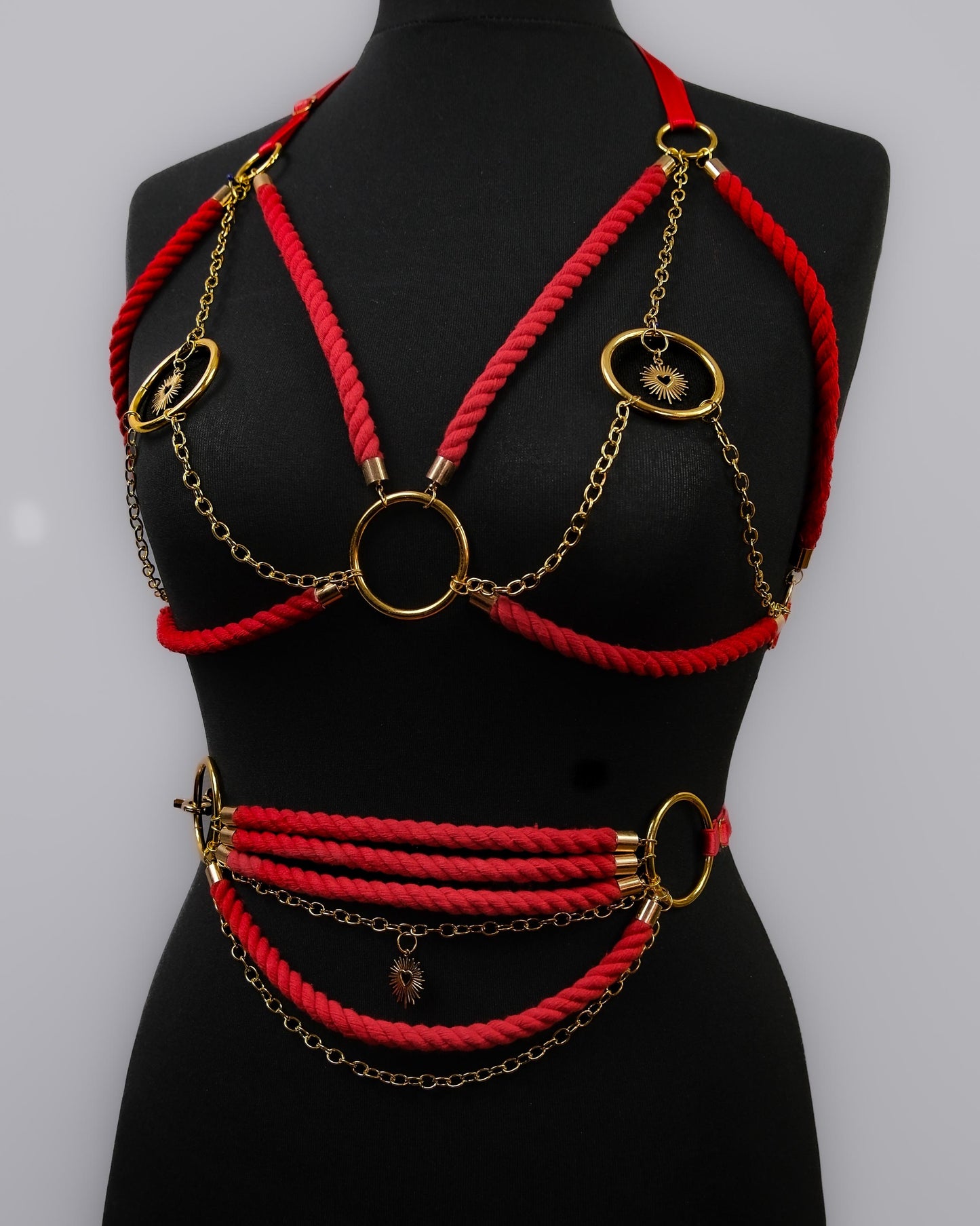 Cage Bra Harness and Belt xRed Shibari Rope with Gold Chain Accents // Fetish // Bondage // Gothic // Festival // Clubbing