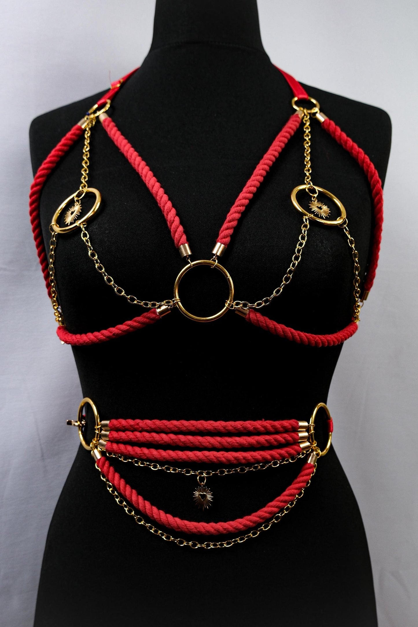 Cage Bra Harness and Belt xRed Shibari Rope with Gold Chain Accents // Fetish // Bondage // Gothic // Festival // Clubbing